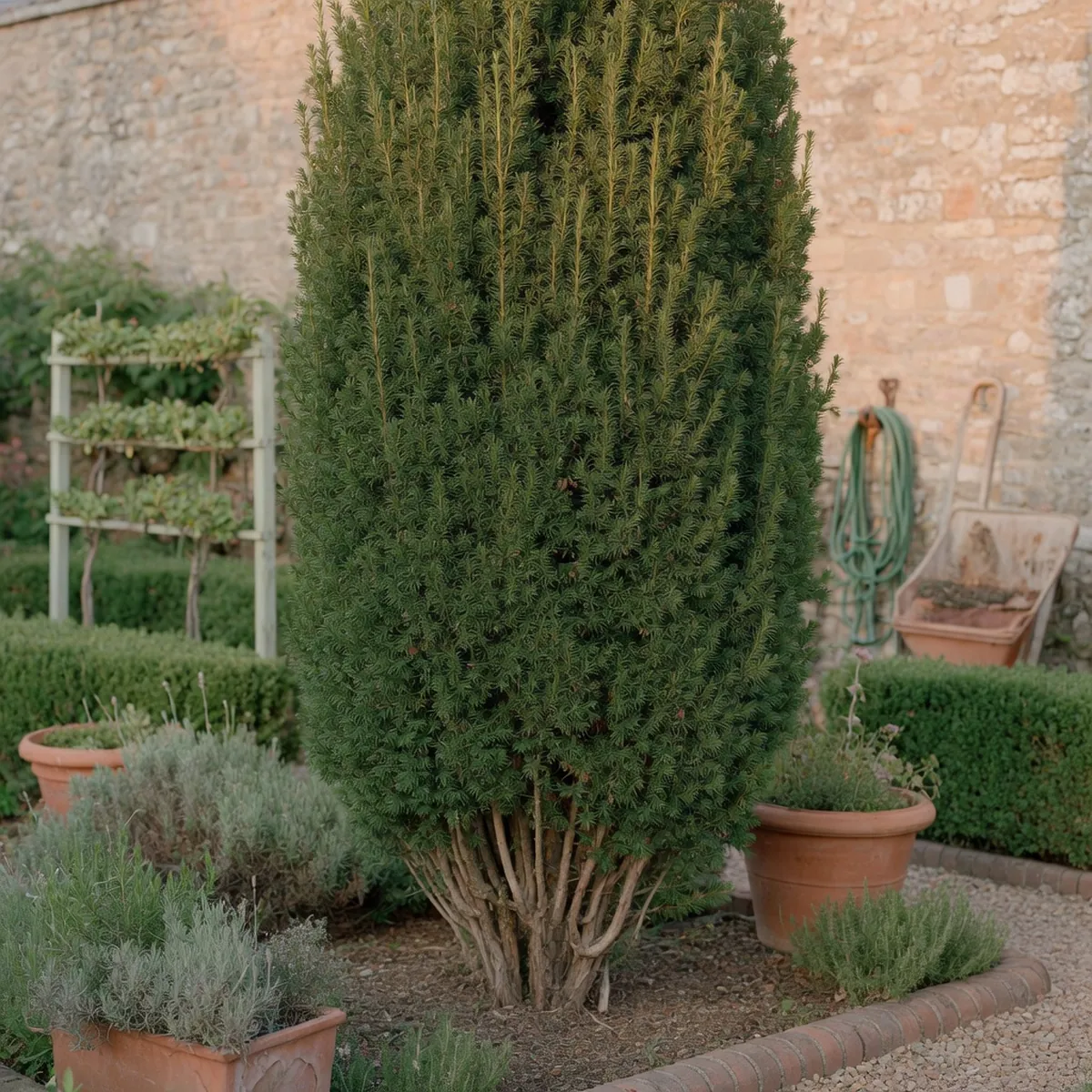 A tall, columnar evergreen tree with dense green foliage standing in a sunny garden.
