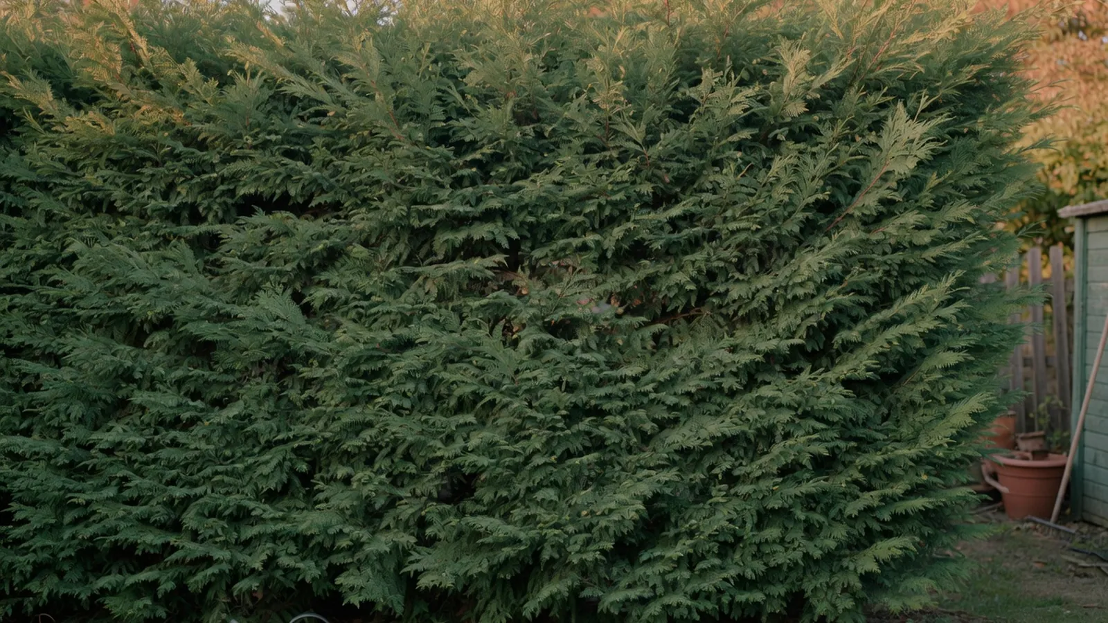 A dense row of mature evergreen trees forming a lush green privacy screen in a residential garden.