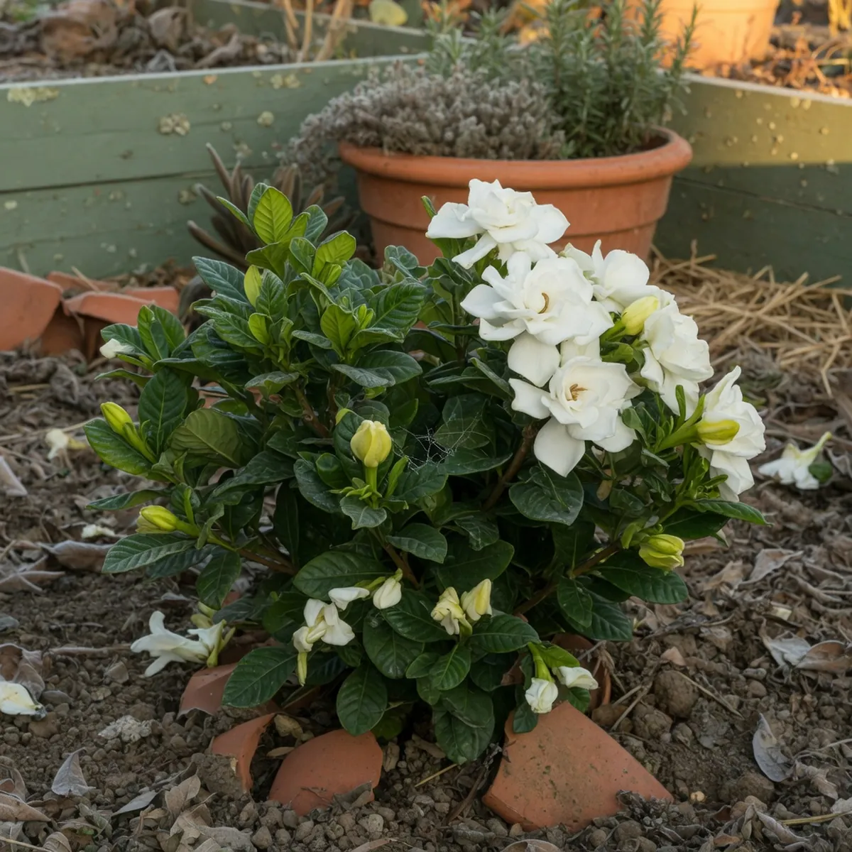 A frost-proof gardenia shrub with glossy leaves and white blooms in a mild garden.