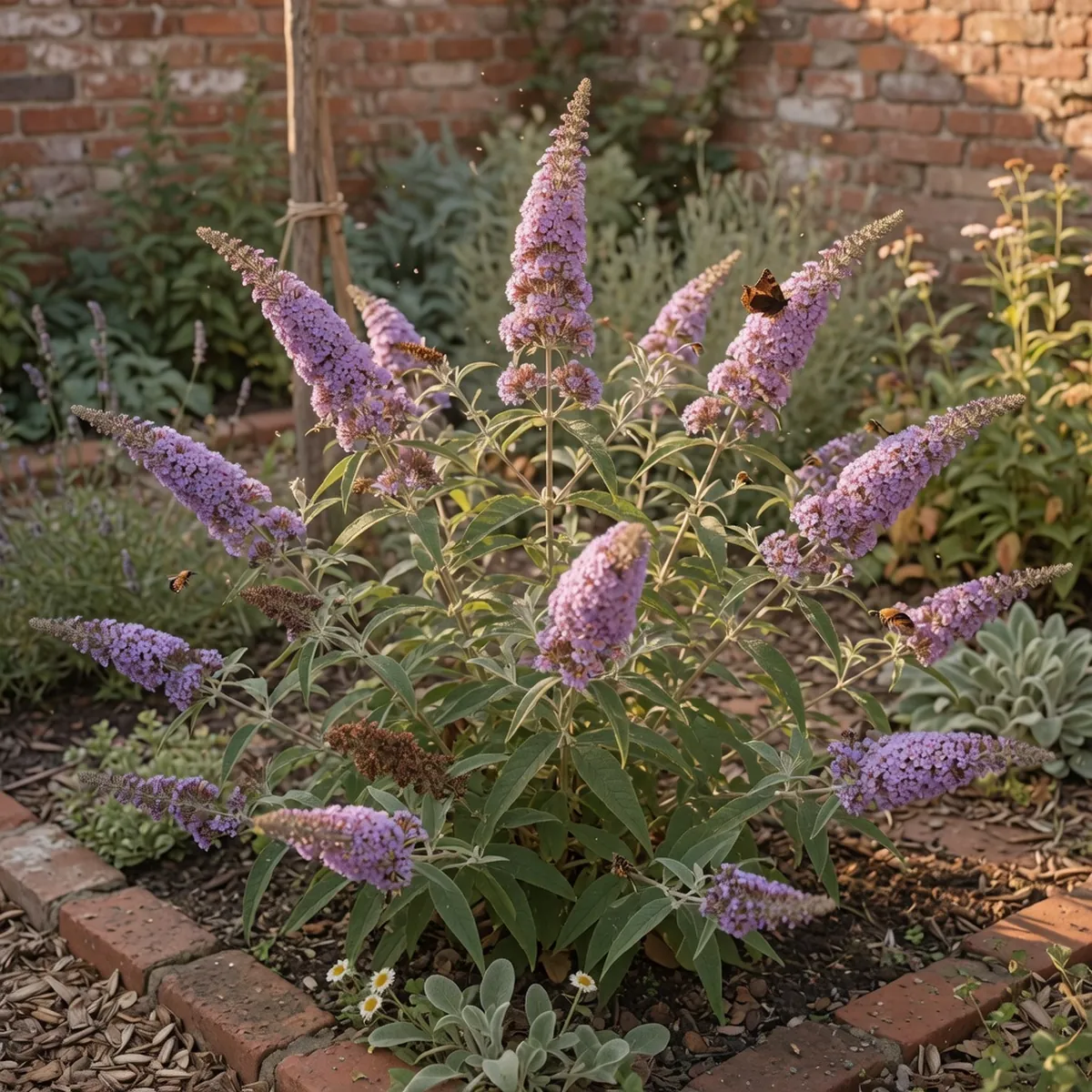 A butterfly bush shrub with tall lavender flower spikes in a sunlit garden border.