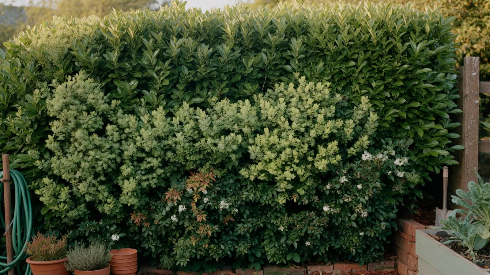 A dense privacy hedge of mixed shrubs forming a solid green screen in a sunny backyard.