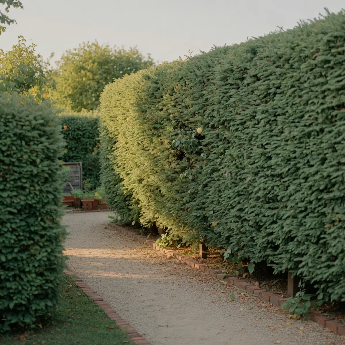 A dense, well-trimmed green hedge bordering a garden pathway to provide natural privacy.