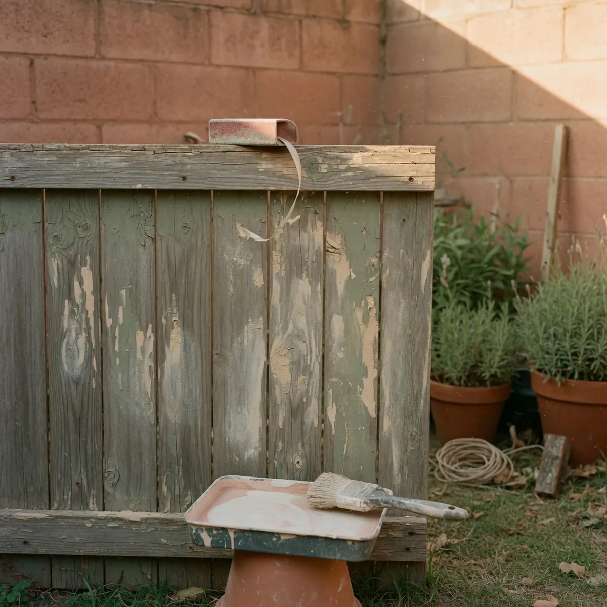 A weathered wooden fence panel being sanded and primed to prepare the surface for fresh paint.
