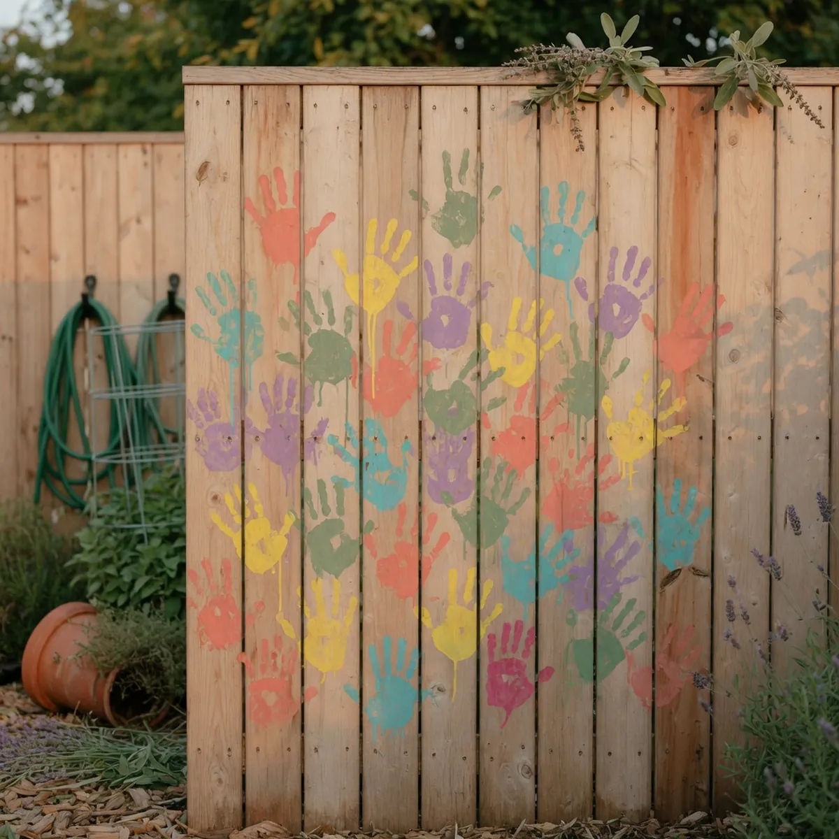 Colorful handprints painted on a smooth wooden fence panel in a playful garden setting.