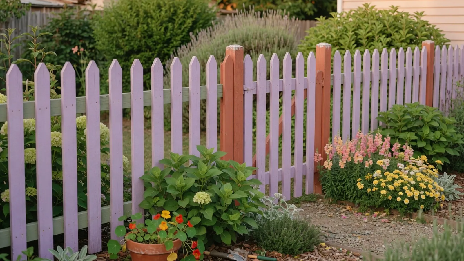 A freshly painted wooden picket fence in a sunlit garden with vibrant pastel colors.