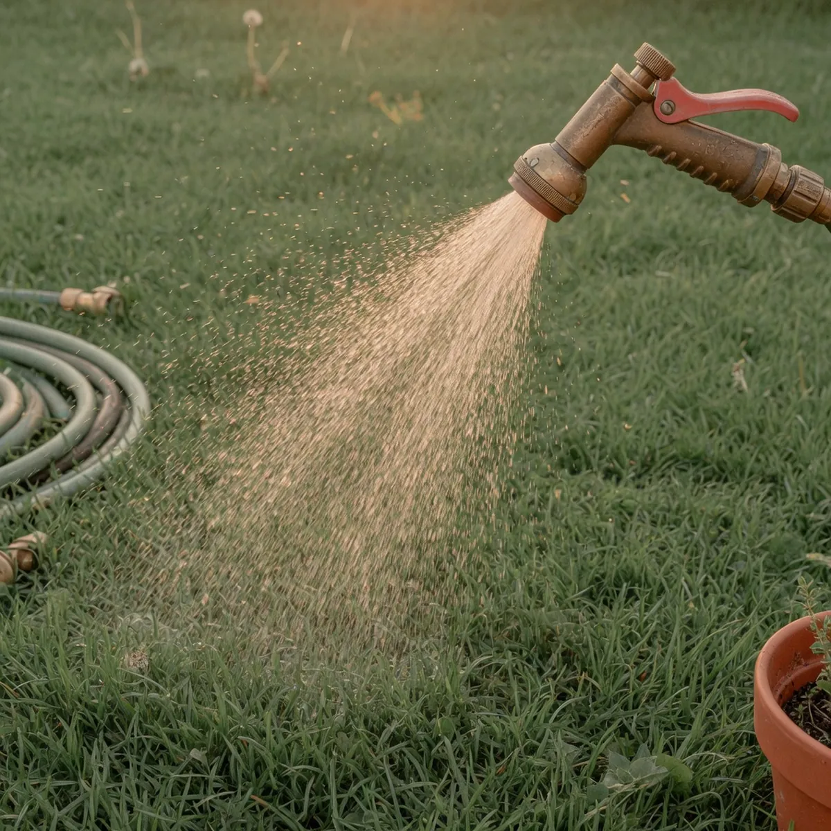 A garden hose nozzle spraying a fine mist over a lush green lawn.