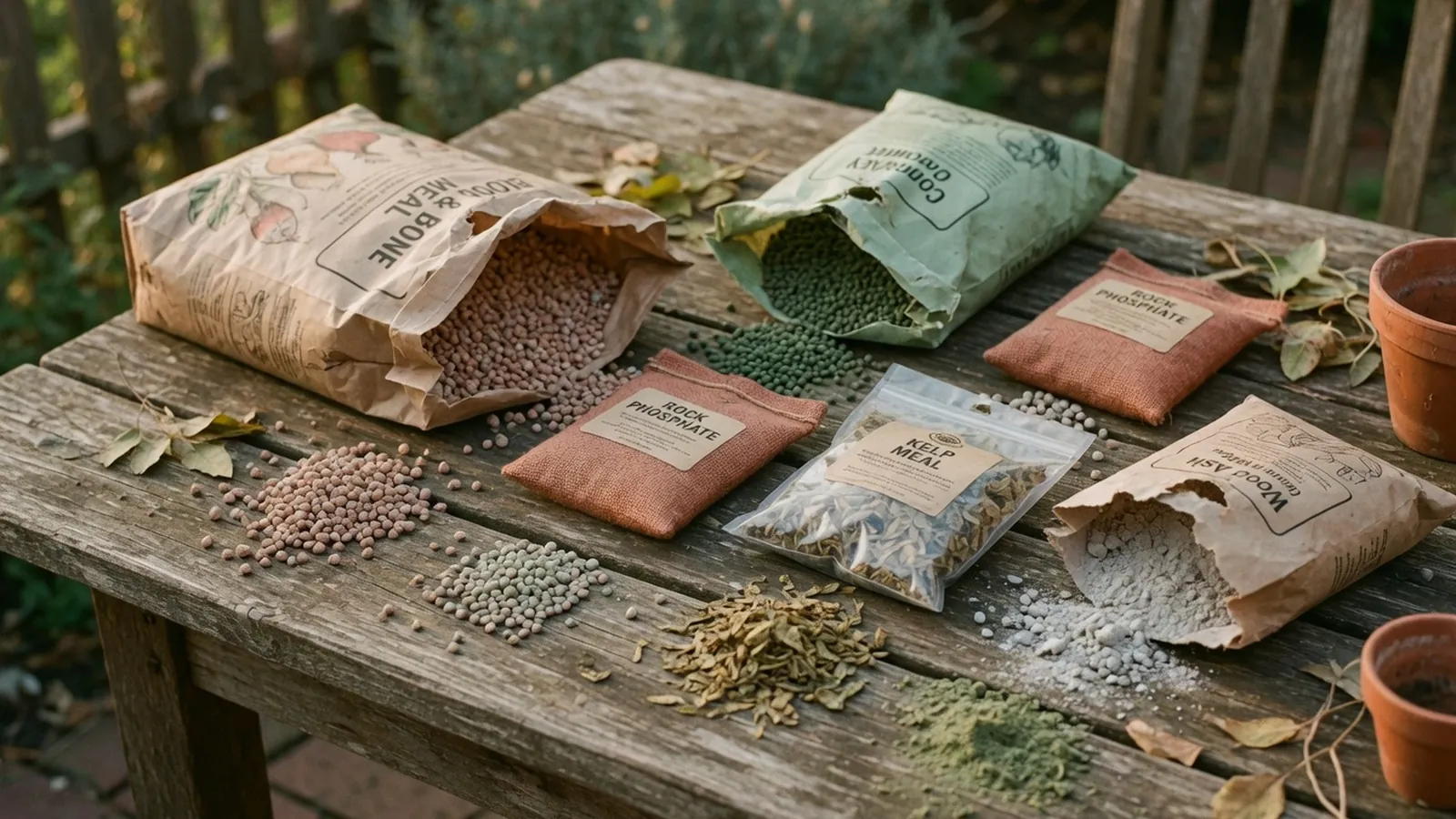An assortment of fertilizer bags and granules displayed on a rustic wooden garden table.