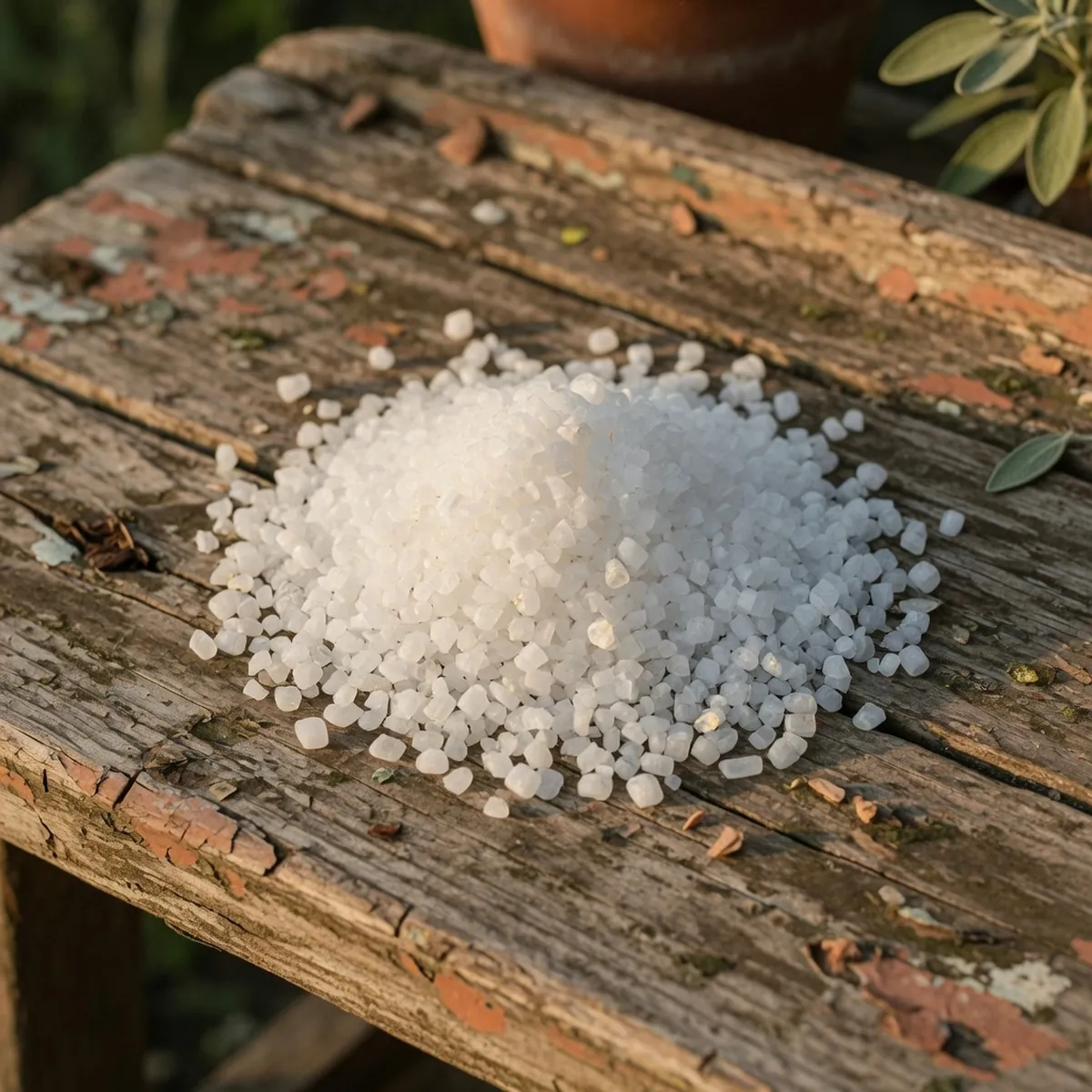 A neat pile of white crystalline nitrogen fertilizer granules resting on a weathered wooden surface.