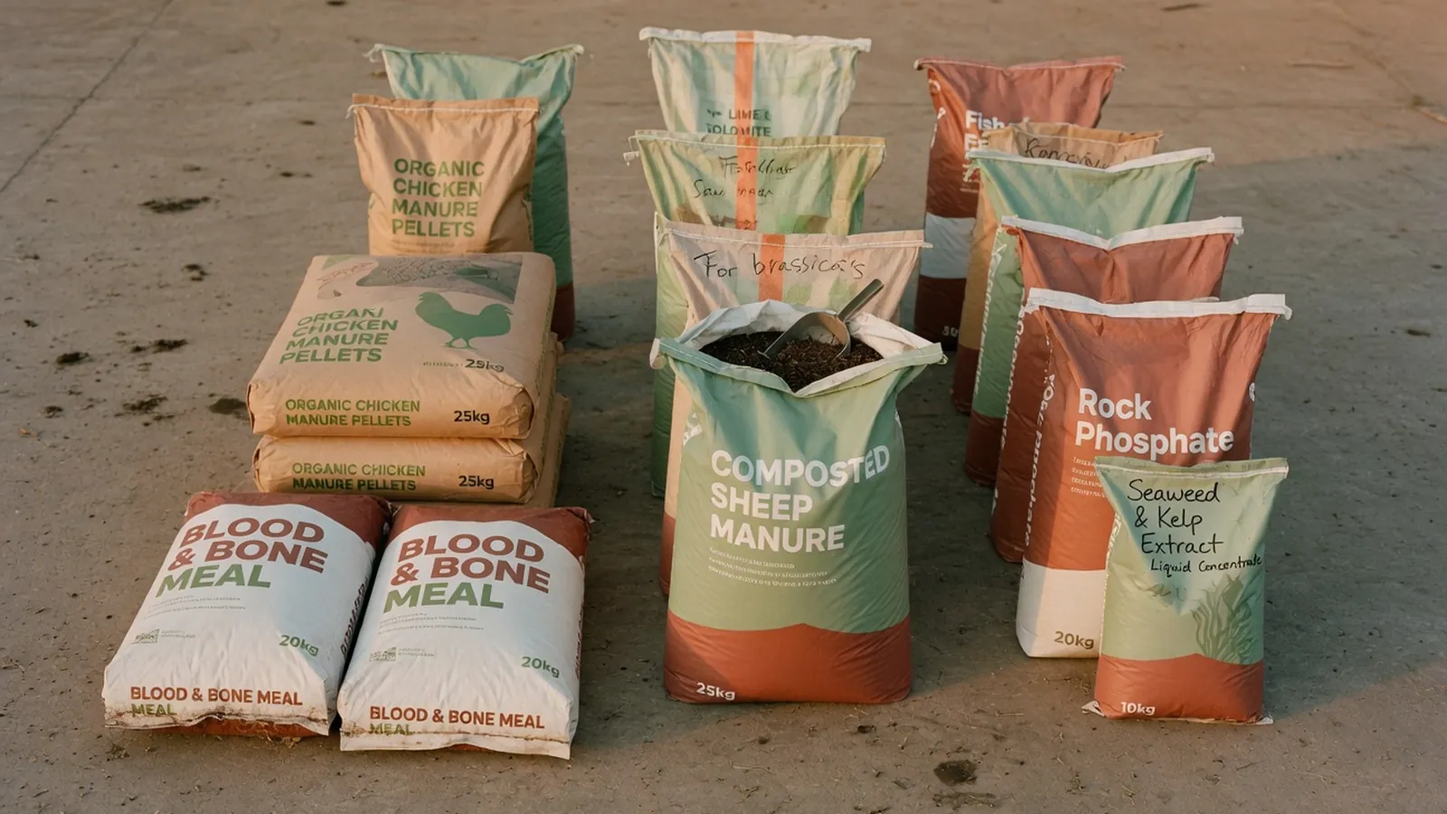 A collection of assorted fertilizer bags arranged neatly on a concrete farmyard floor.