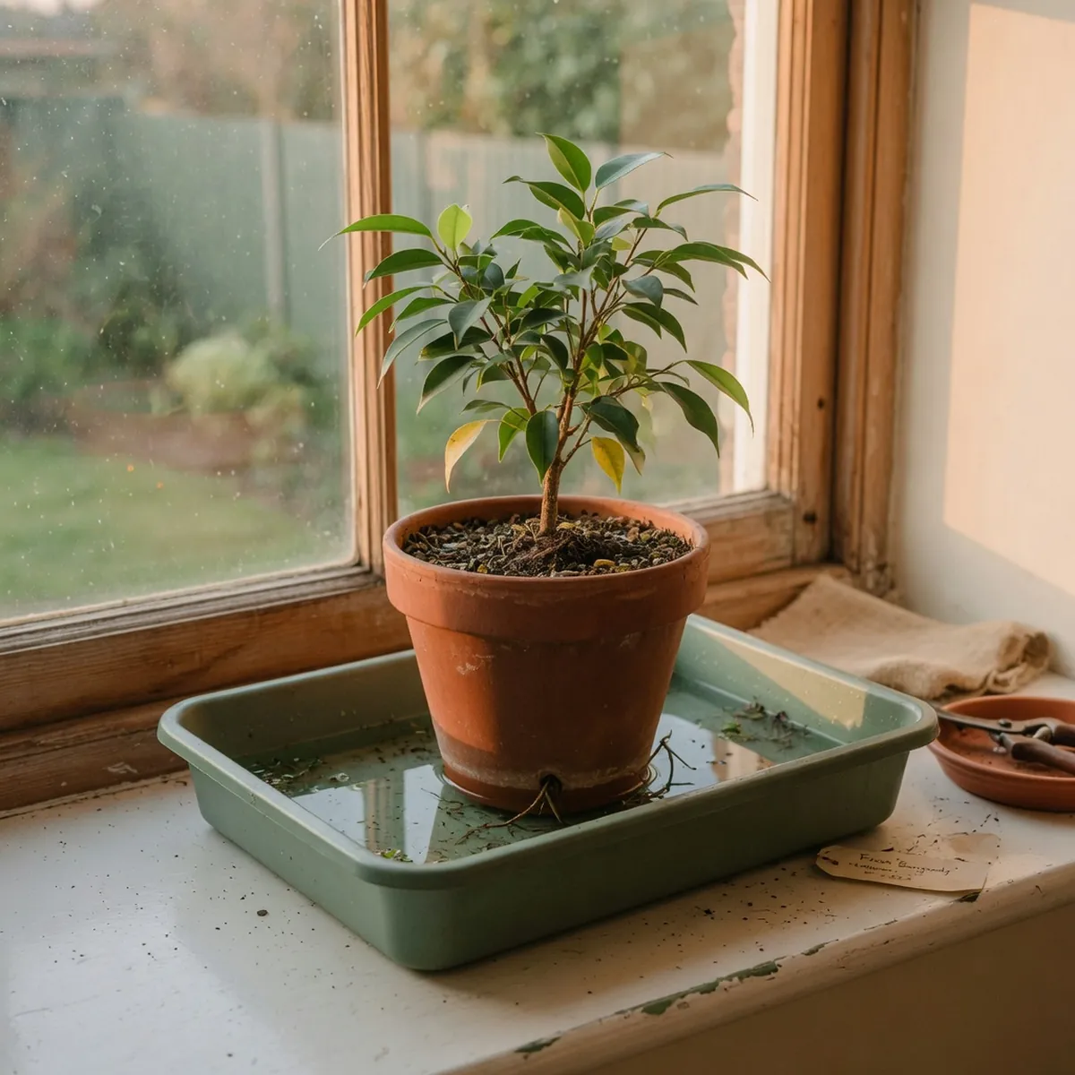 A potted ficus tree resting on a shallow water-filled tray to maintain humidity.