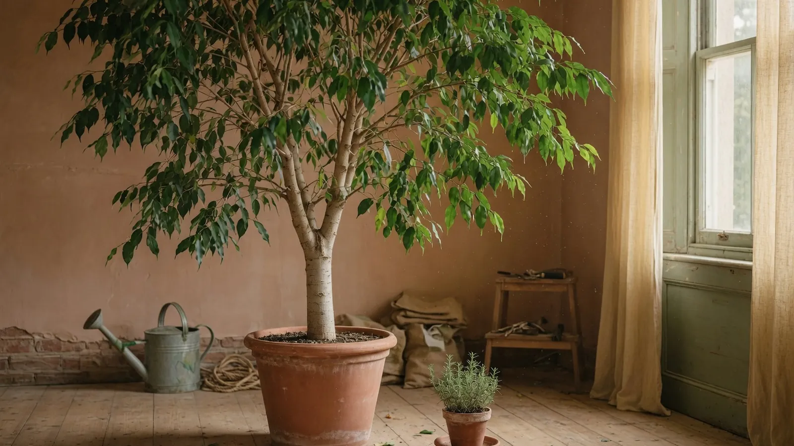 A lush green ficus tree thriving in a bright indoor environment.