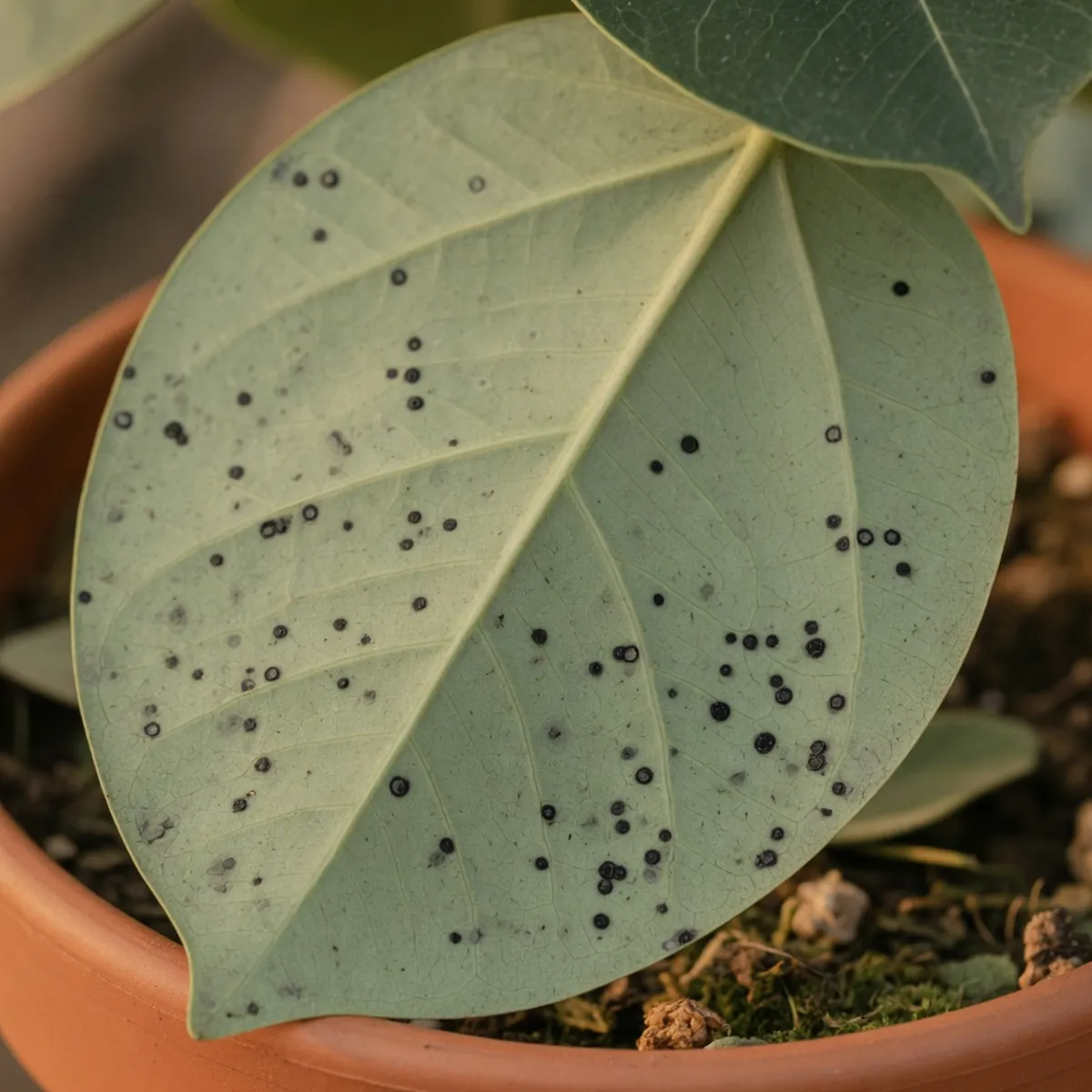 A close-up view of a green ficus leaf underside displaying small black circular spots.