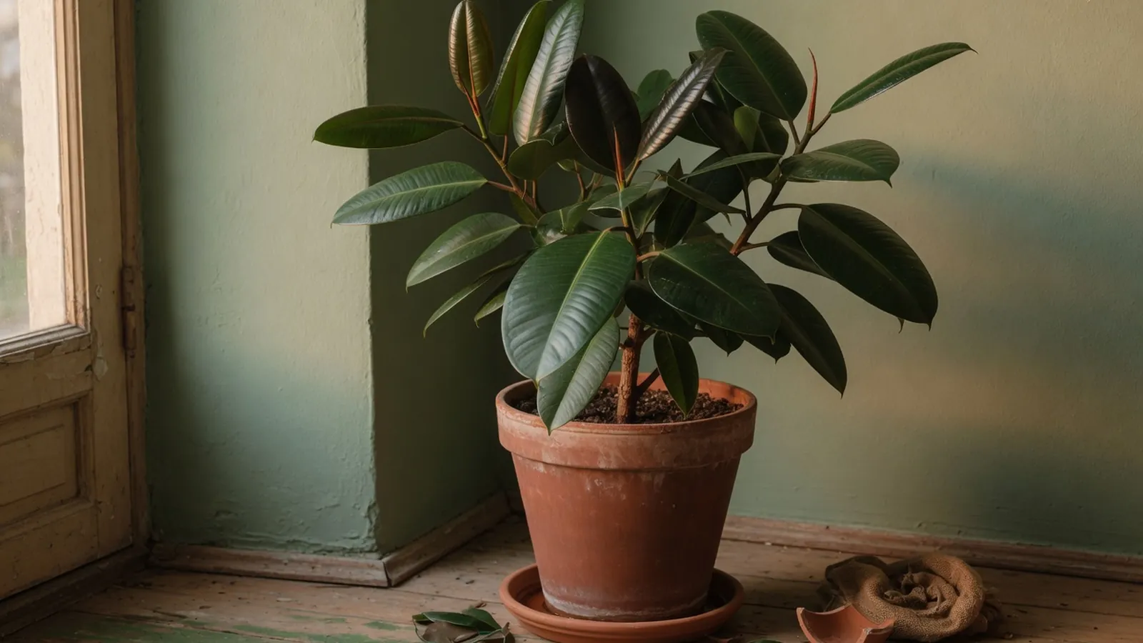 A healthy Ficus elastica plant with glossy green leaves in a bright indoor setting.