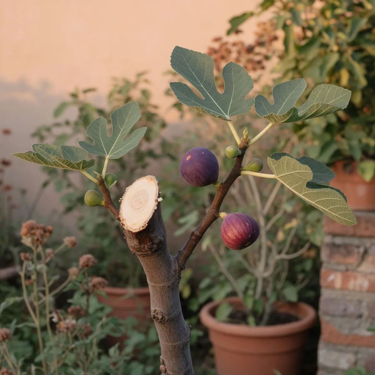 A close-up of a fig tree branch showing a clean pruning cut and ripening fruit.