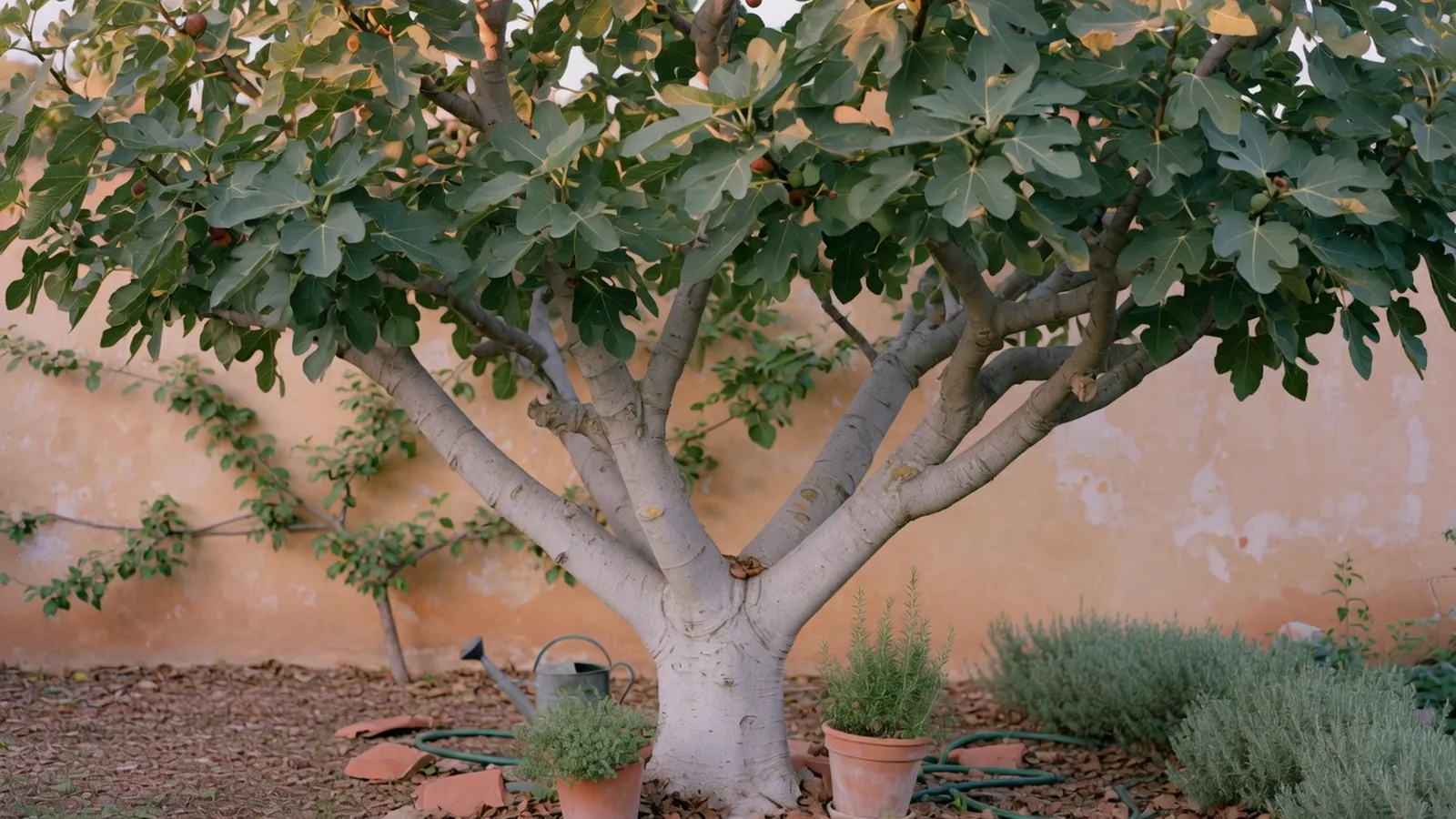 A healthy mature fig tree with broad leaves and smooth gray bark in a garden.