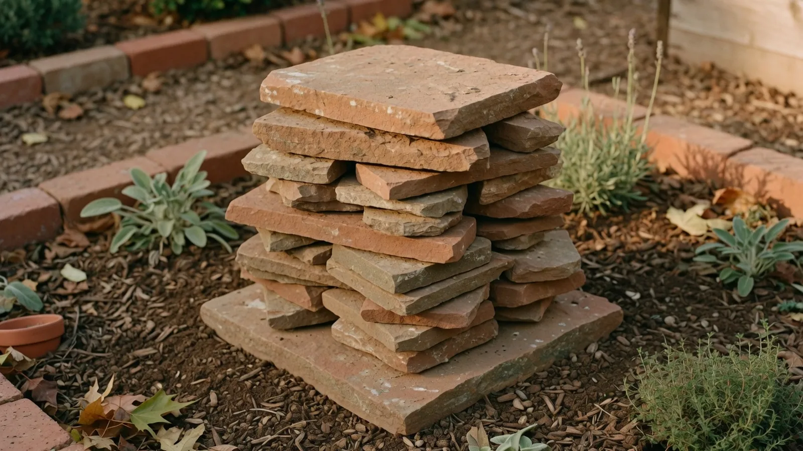 A neat stack of irregular natural flagstone pavers resting on a garden bed, soft daylight highlighting the layered rock texture and earthy tones.