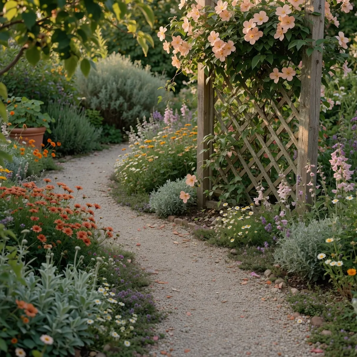A winding garden path flanked by dense flowering beds and a flowering creeper climbing a wooden trellis.