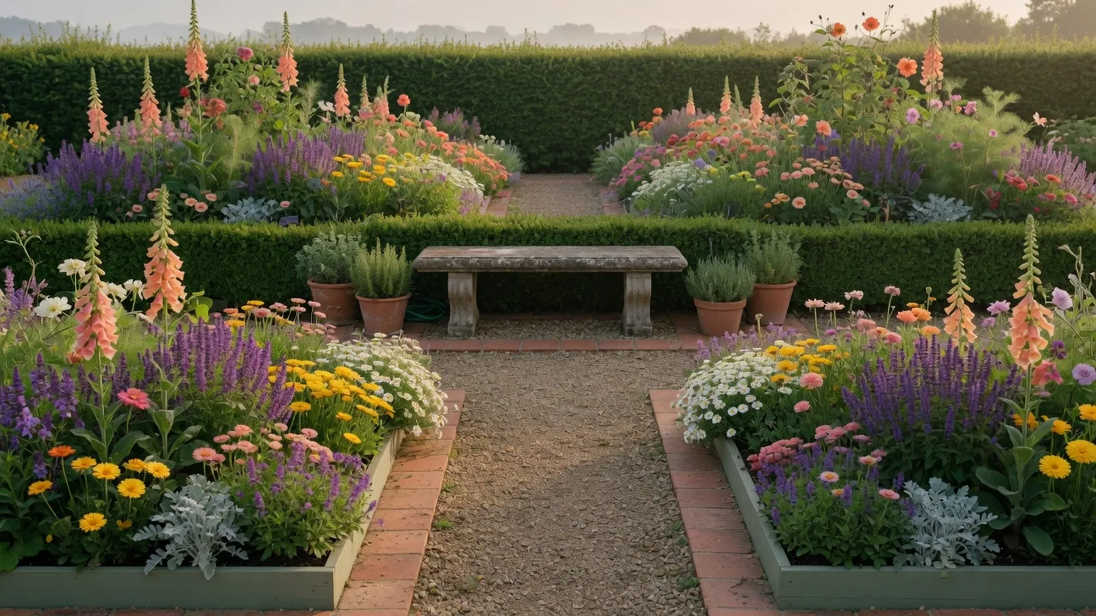 A meticulously planned flower garden featuring symmetrical beds bursting with colorful blooms and a central focal point.