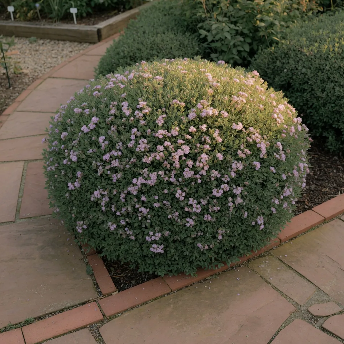 A neatly trimmed flowering shrub shaped into a rounded form beside a garden path.