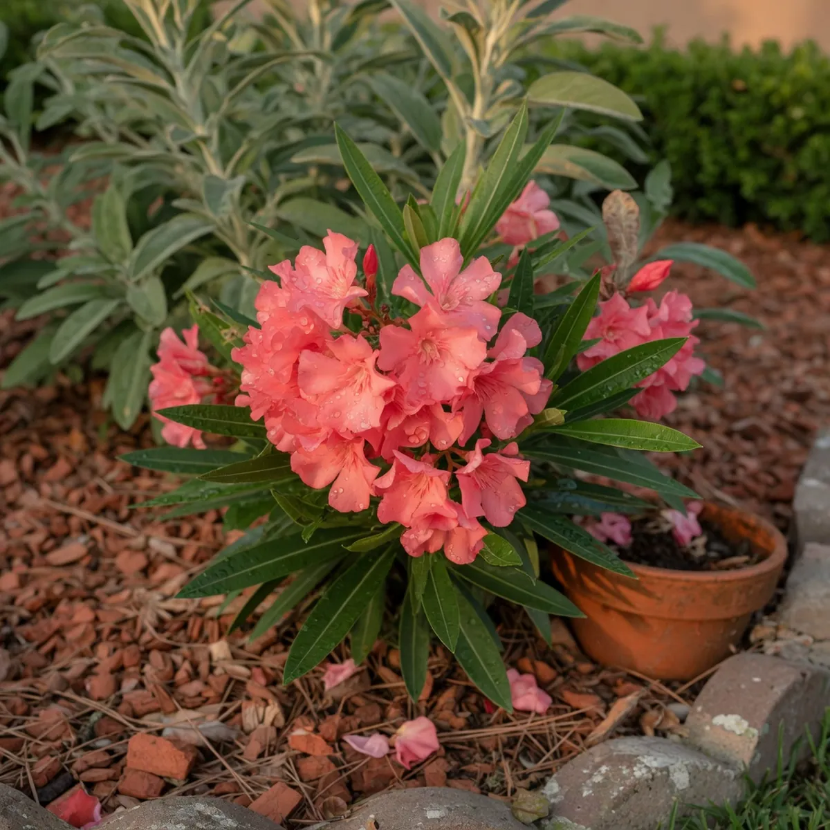A close-up of a vibrant pink flowering shrub with glossy leaves in a landscaped bed.