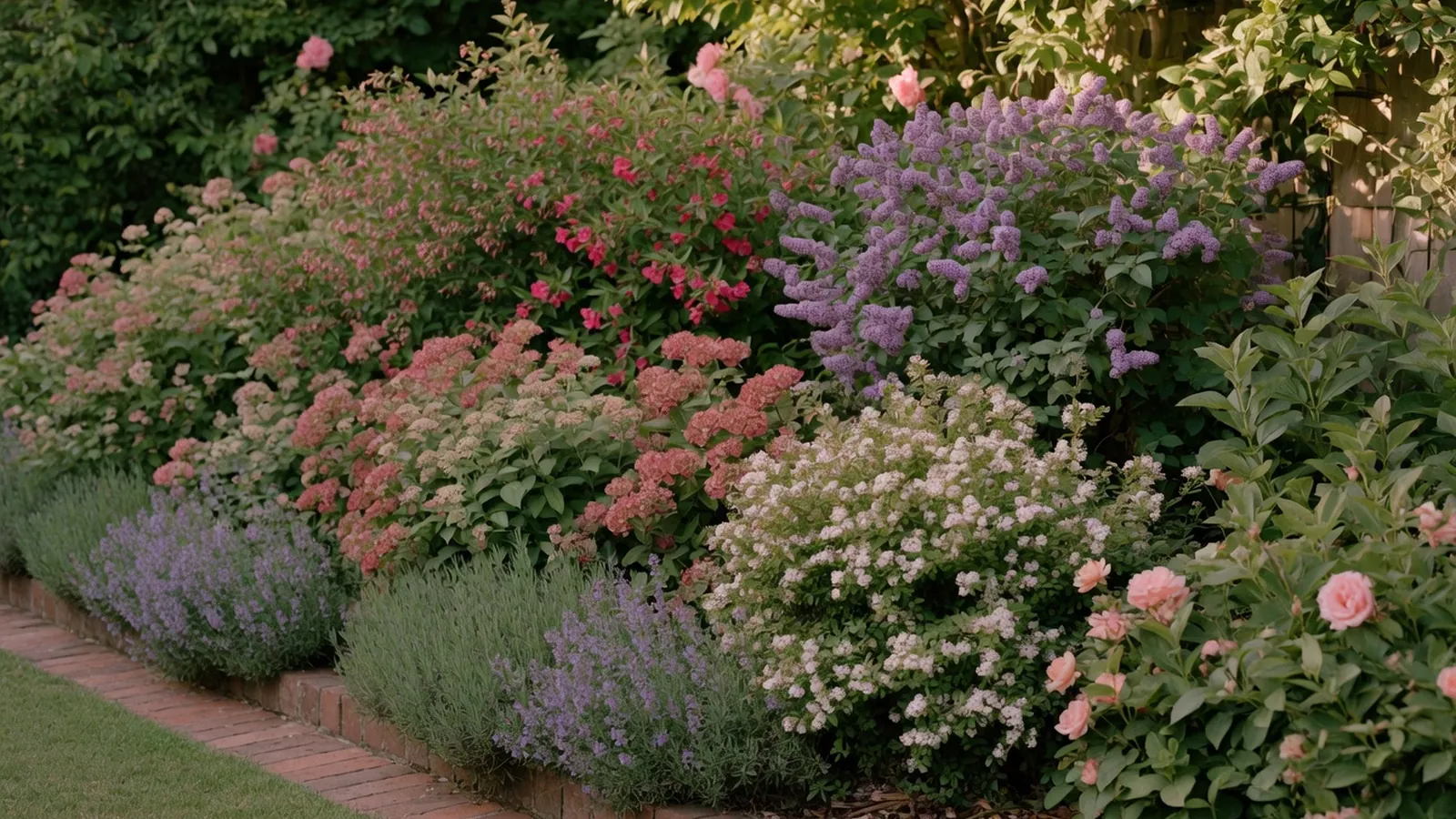 A lush garden border featuring a variety of colorful flowering shrubs in full bloom.
