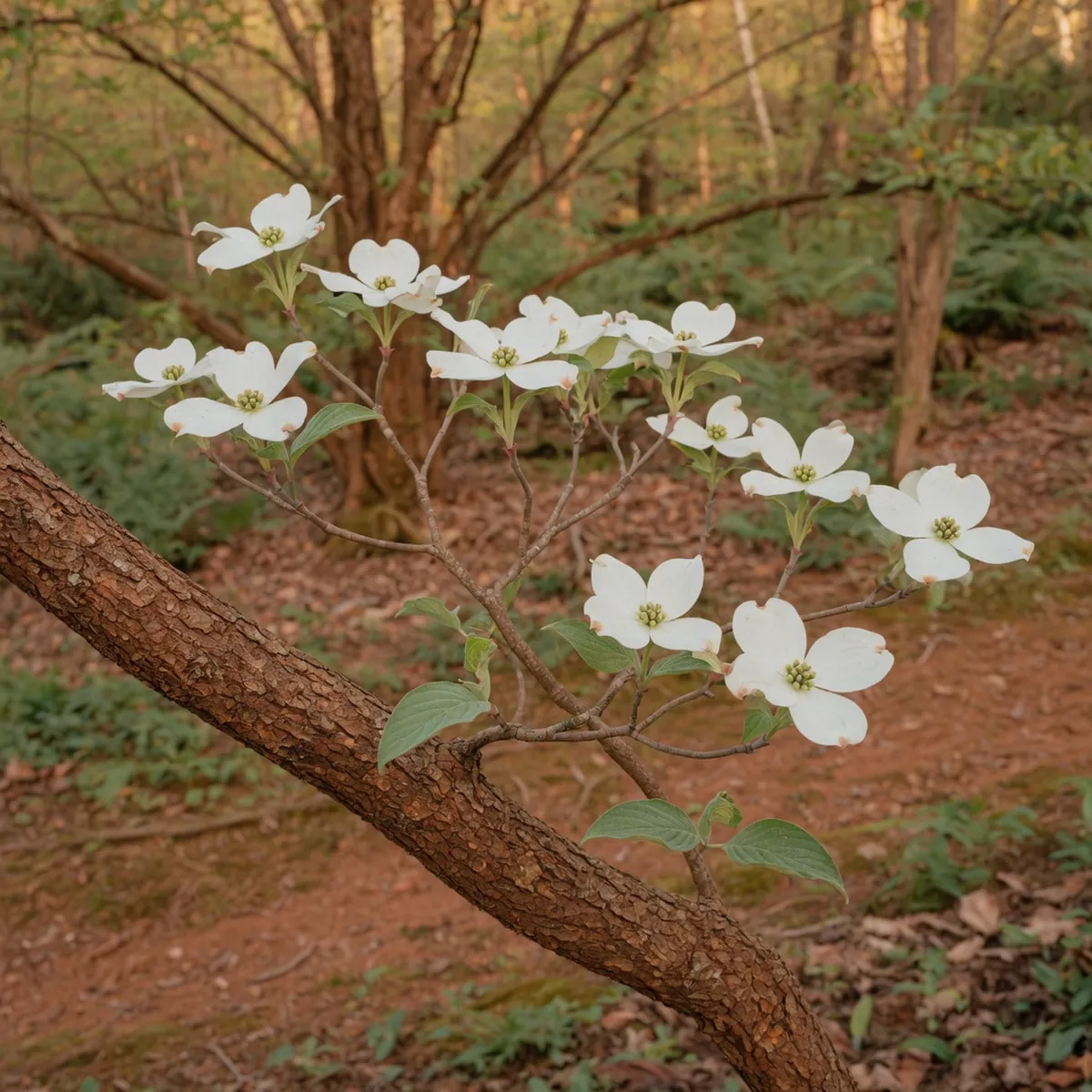 A close-up view of a flowering dogwood branch showing its distinctive coarse bark and large white bracts surrounding tiny central flowers.