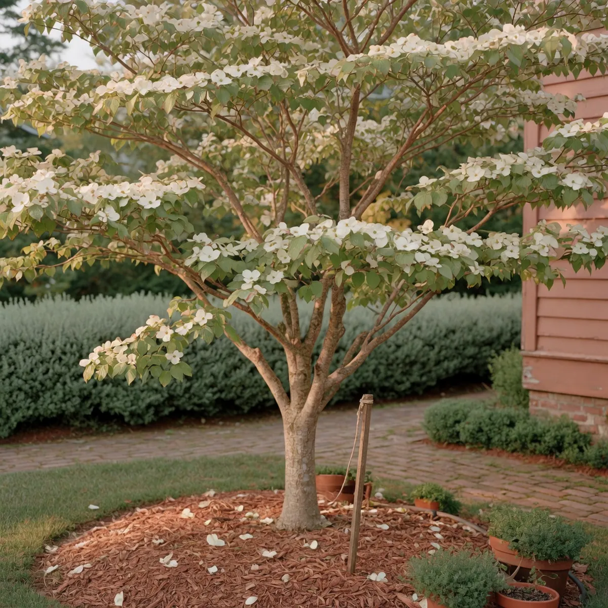 A medium-sized deciduous dogwood tree displaying its characteristic multi-layered branching structure and spring blossoms.