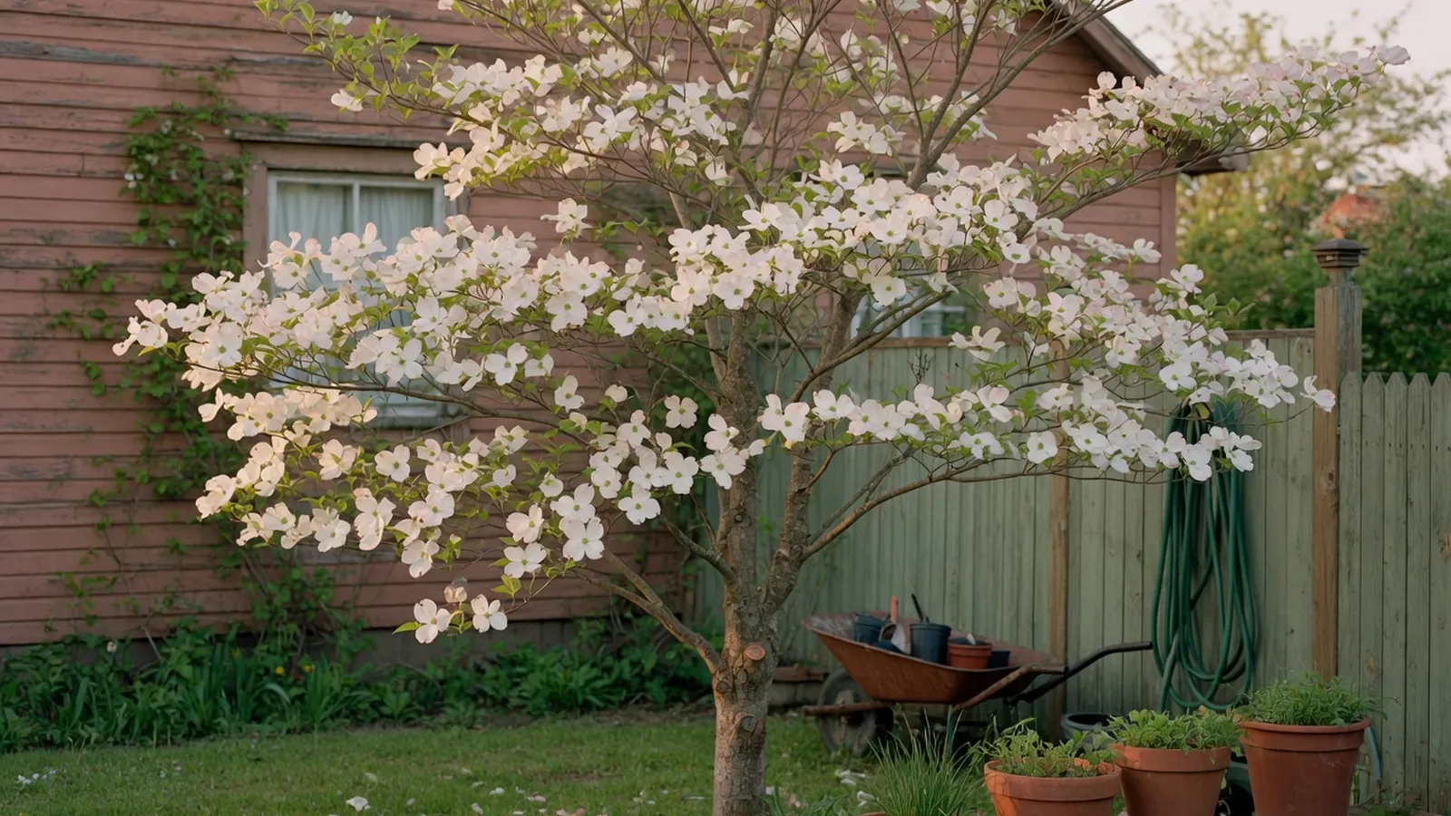 A mature flowering dogwood tree displaying its characteristic spring blossoms and fresh green foliage in a garden setting.