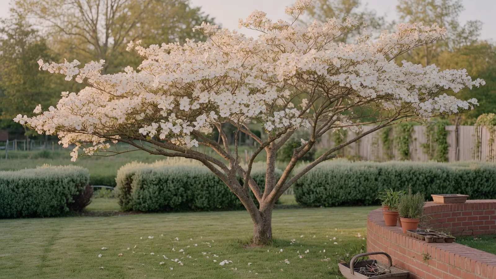 A full flowering dogwood tree standing in a well-maintained garden with a wide canopy of white blossoms.