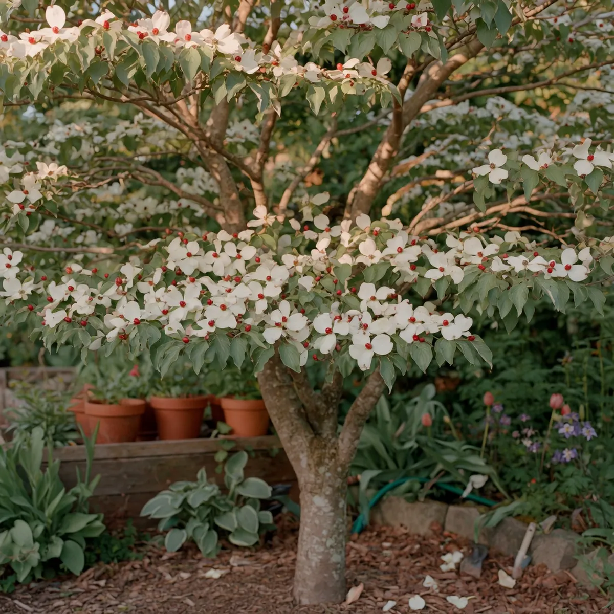 A white flowering dogwood tree displaying spring blossoms and clusters of red berries on its branches.