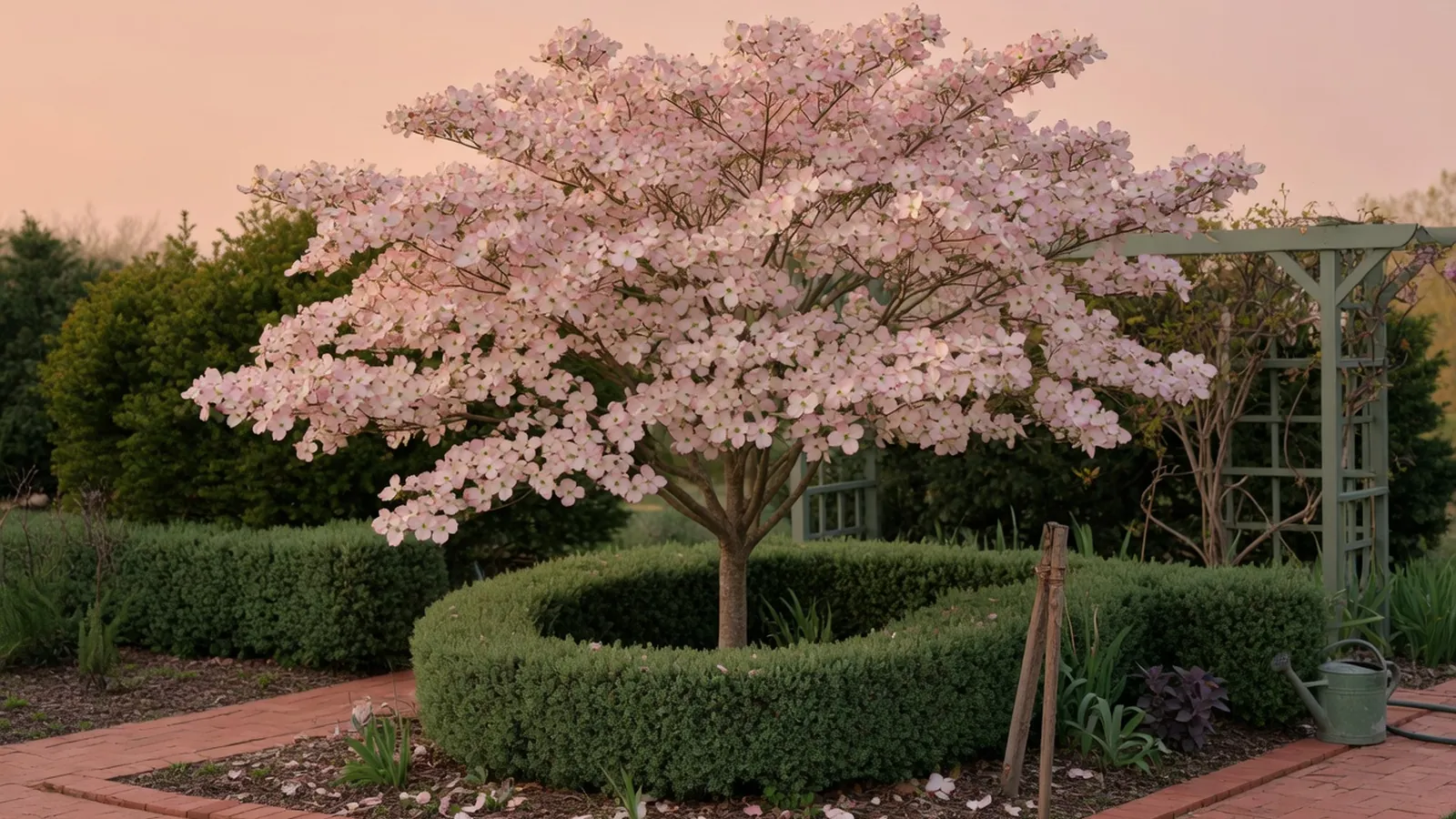 A flowering dogwood tree in full spring bloom with pink and white bracts against a clear sky.