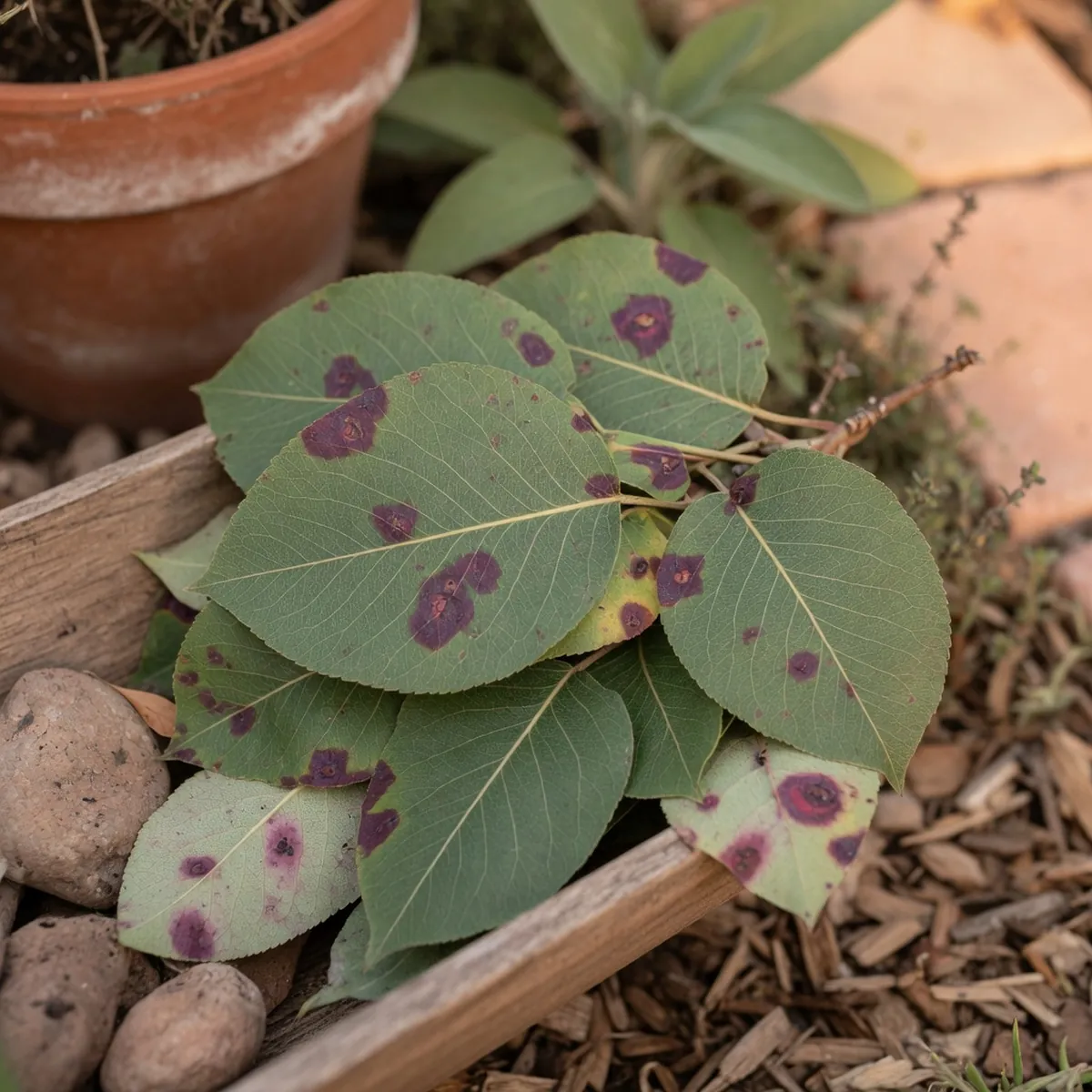 Green pear leaves displaying reddish-purple fungal spots characteristic of leaf spot disease.