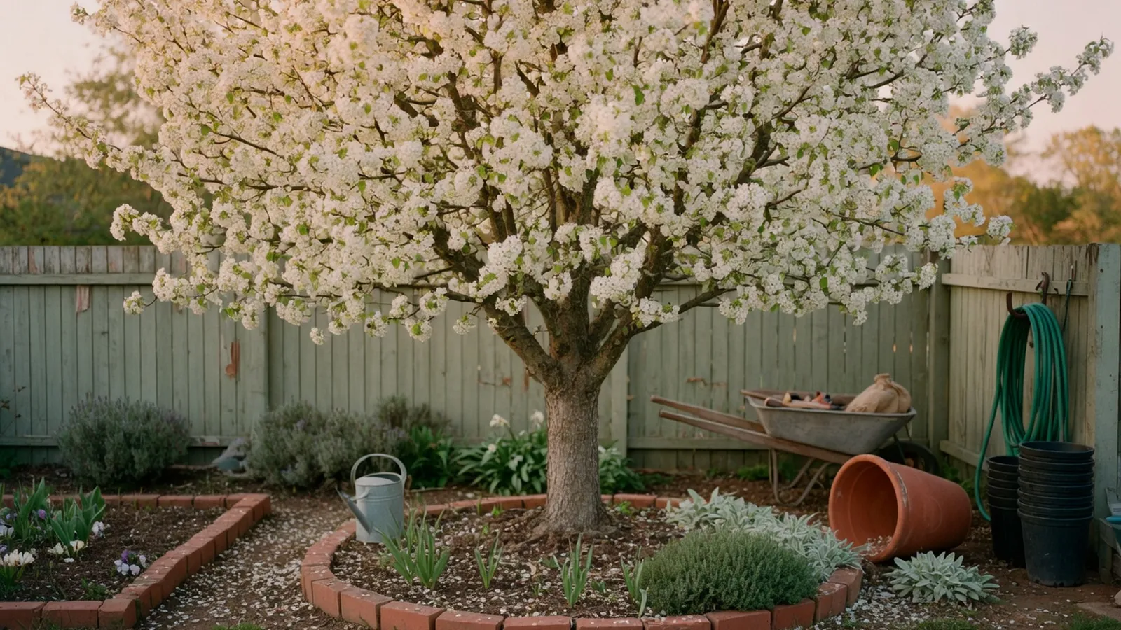 A mature flowering pear tree covered in dense white blossoms during spring.