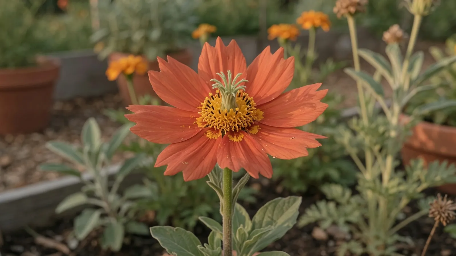 A mature flowering plant displaying its open petals and central reproductive structures in a garden setting.