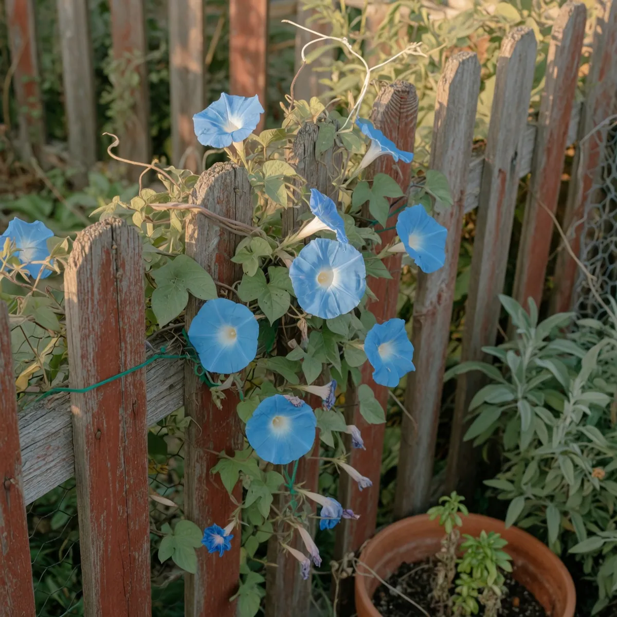 A cluster of bright blue morning glory flowers climbing up a weathered wooden fence in a garden.