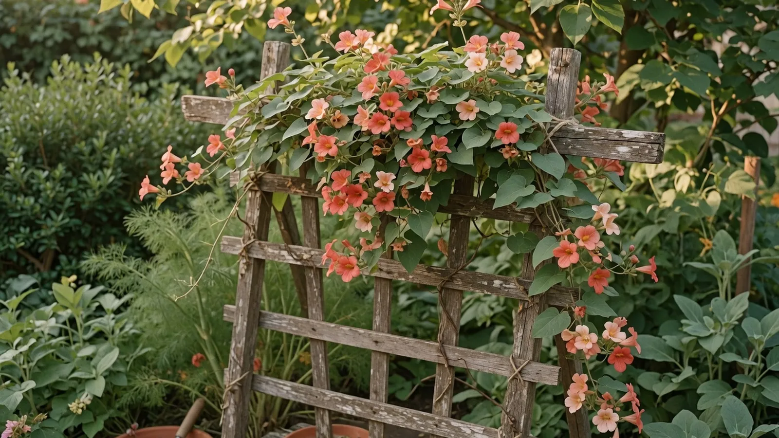 A lush flowering vine cascading over a rustic garden trellis surrounded by soft green foliage.