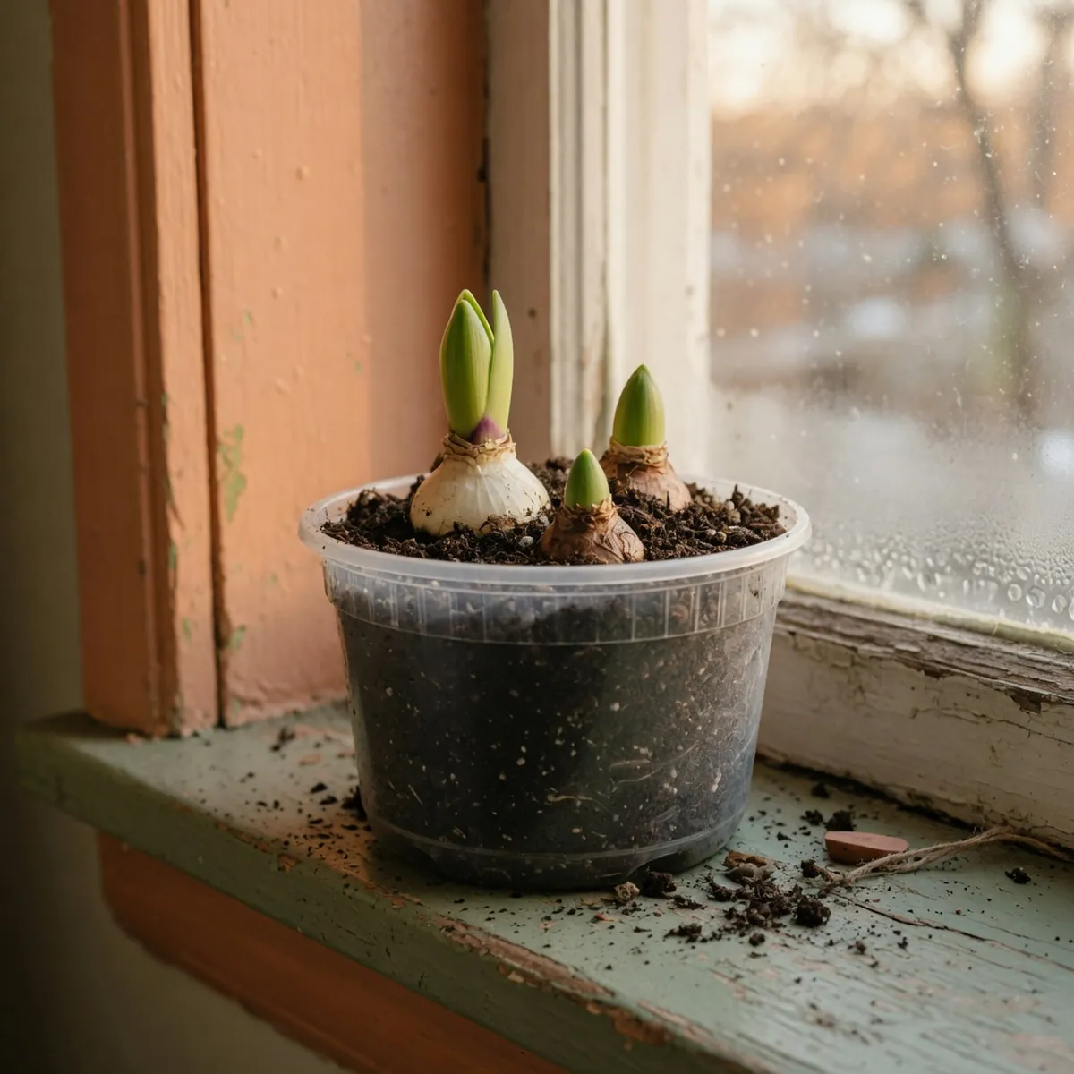 A clear plastic pot filled with dark potting soil and three visible bulb tops.