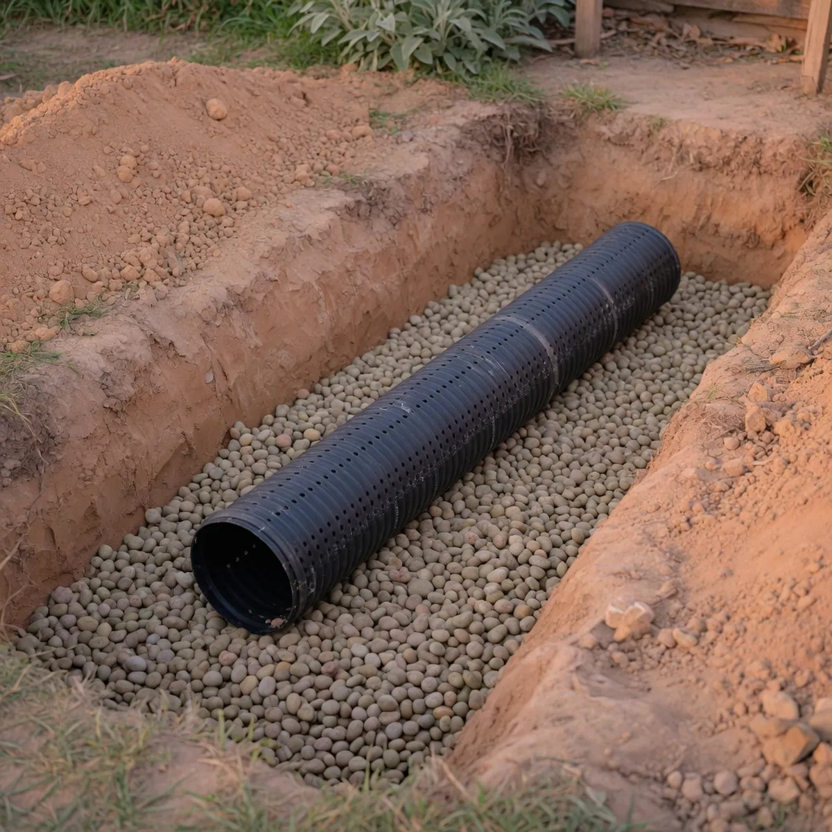 A perforated PVC pipe placed over round gravel inside a garden trench for proper drainage installation.