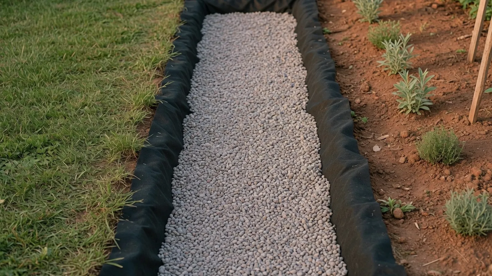 A shallow garden trench lined with dark landscape fabric and filled with smooth grey gravel ready for drainage installation.