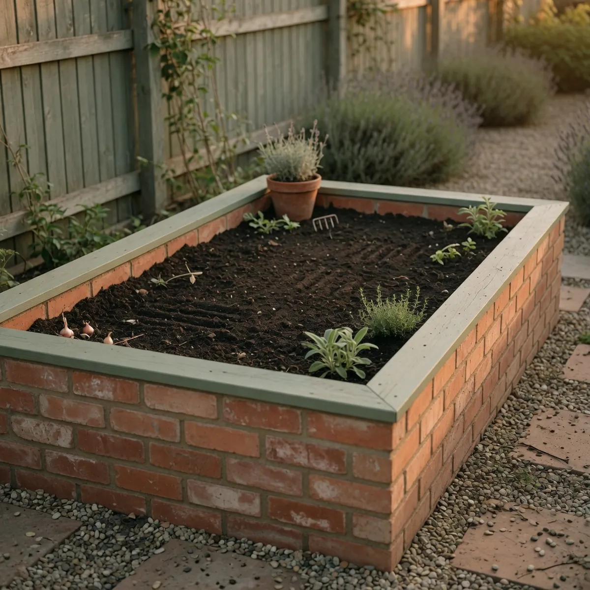 A rectangular raised garden bed filled with dark, prepared soil ready for planting.
