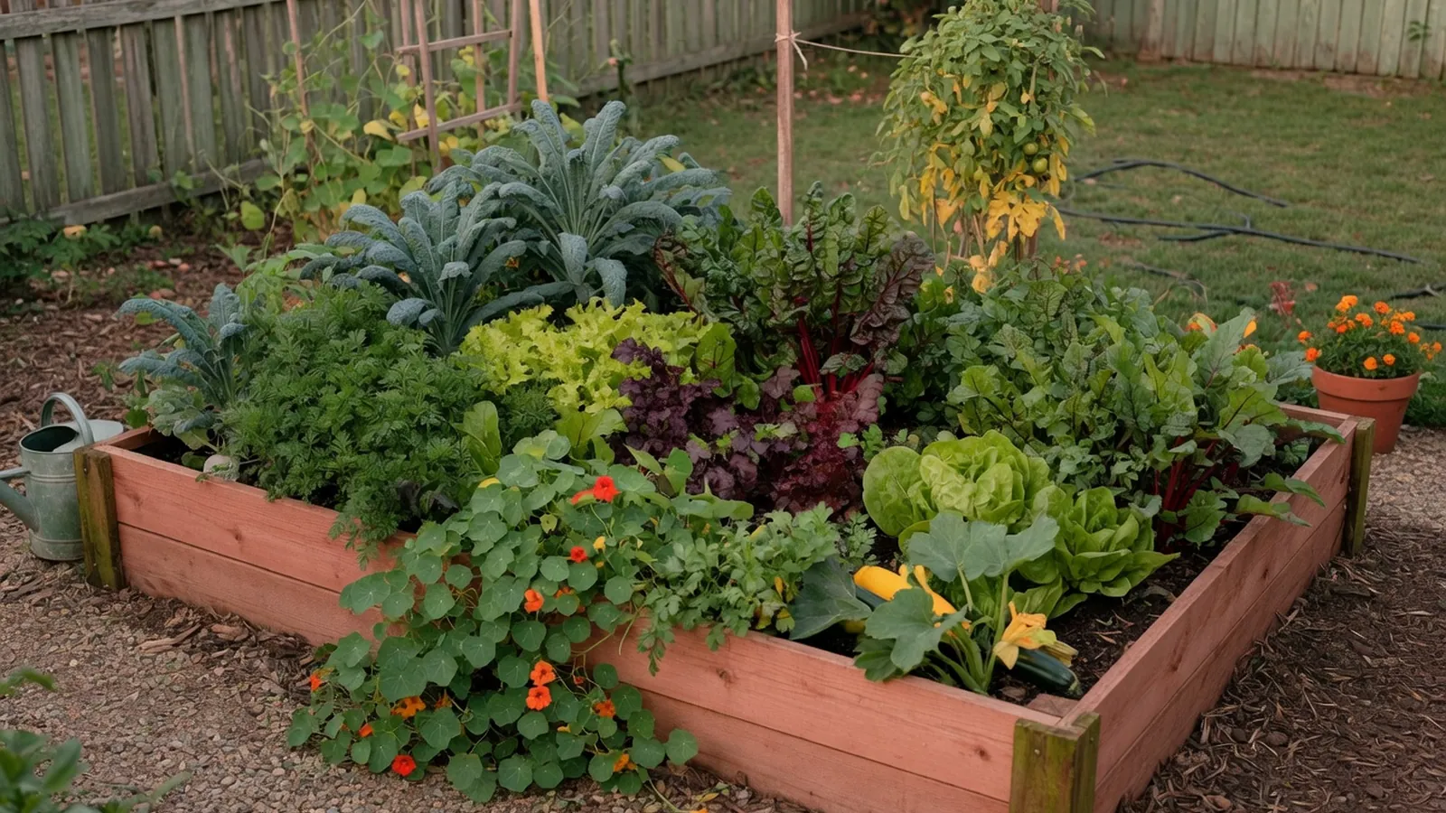 A raised garden bed densely packed with thriving leafy vegetables and herbs.