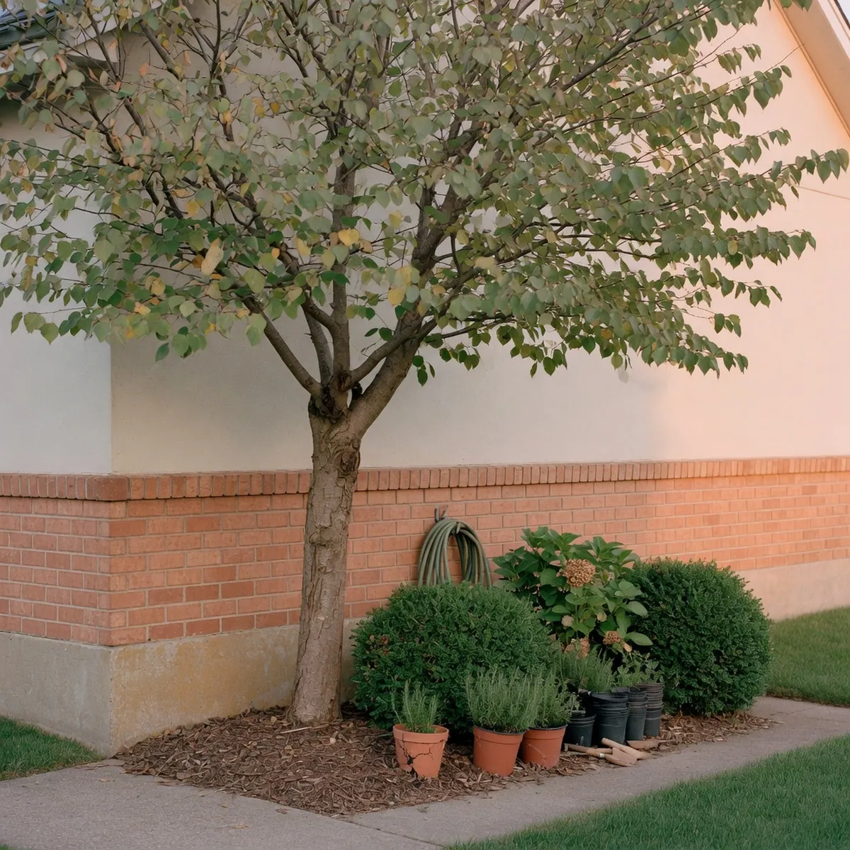 A mature tree and grouped shrubs planted near a house foundation.