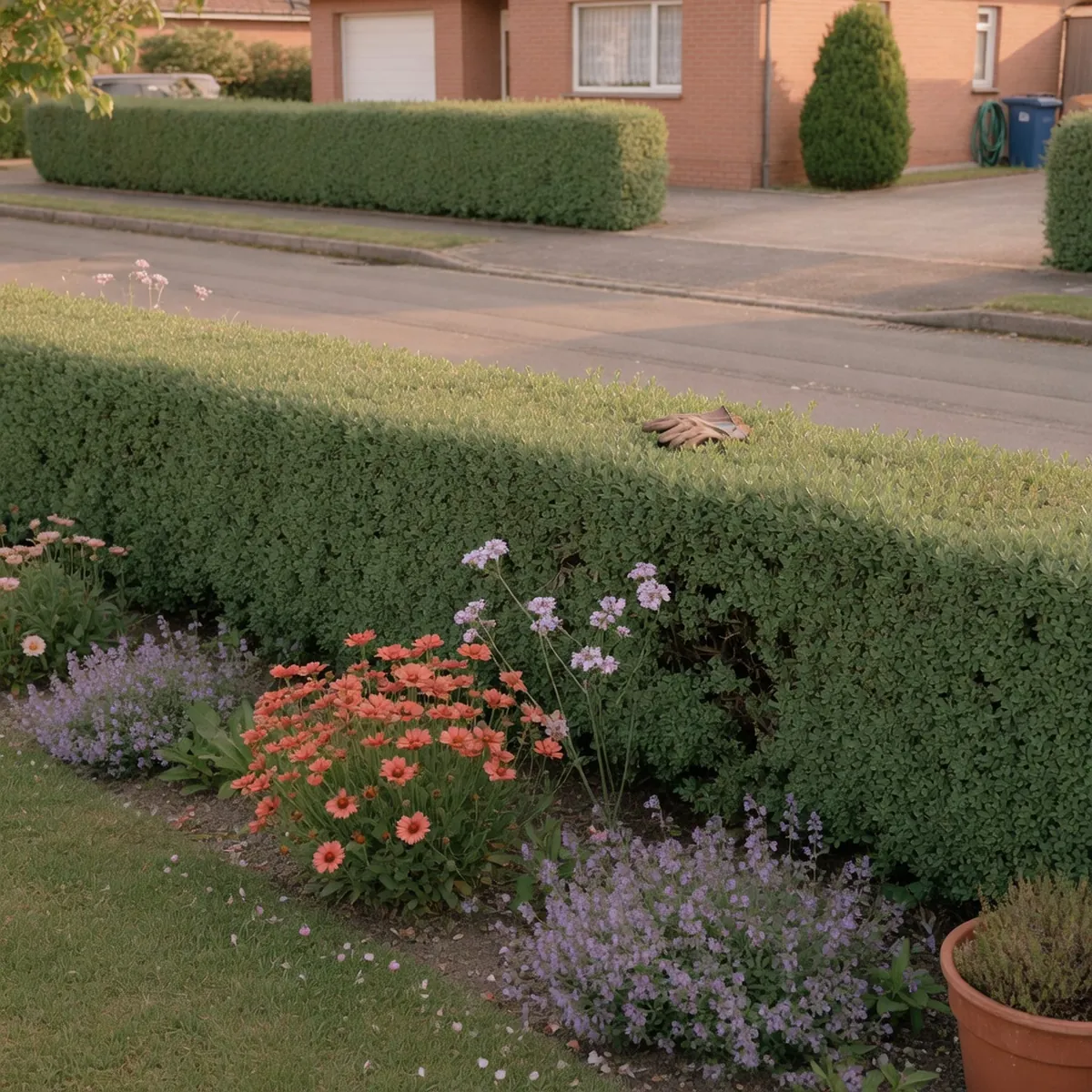 A low-growing hedge and contrasting flowering perennials near a suburban street.