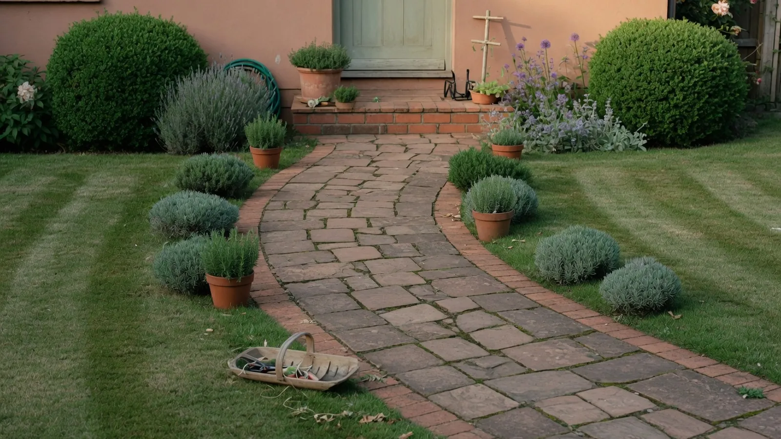 A welcoming front yard with a stone pathway and balanced shrubbery.
