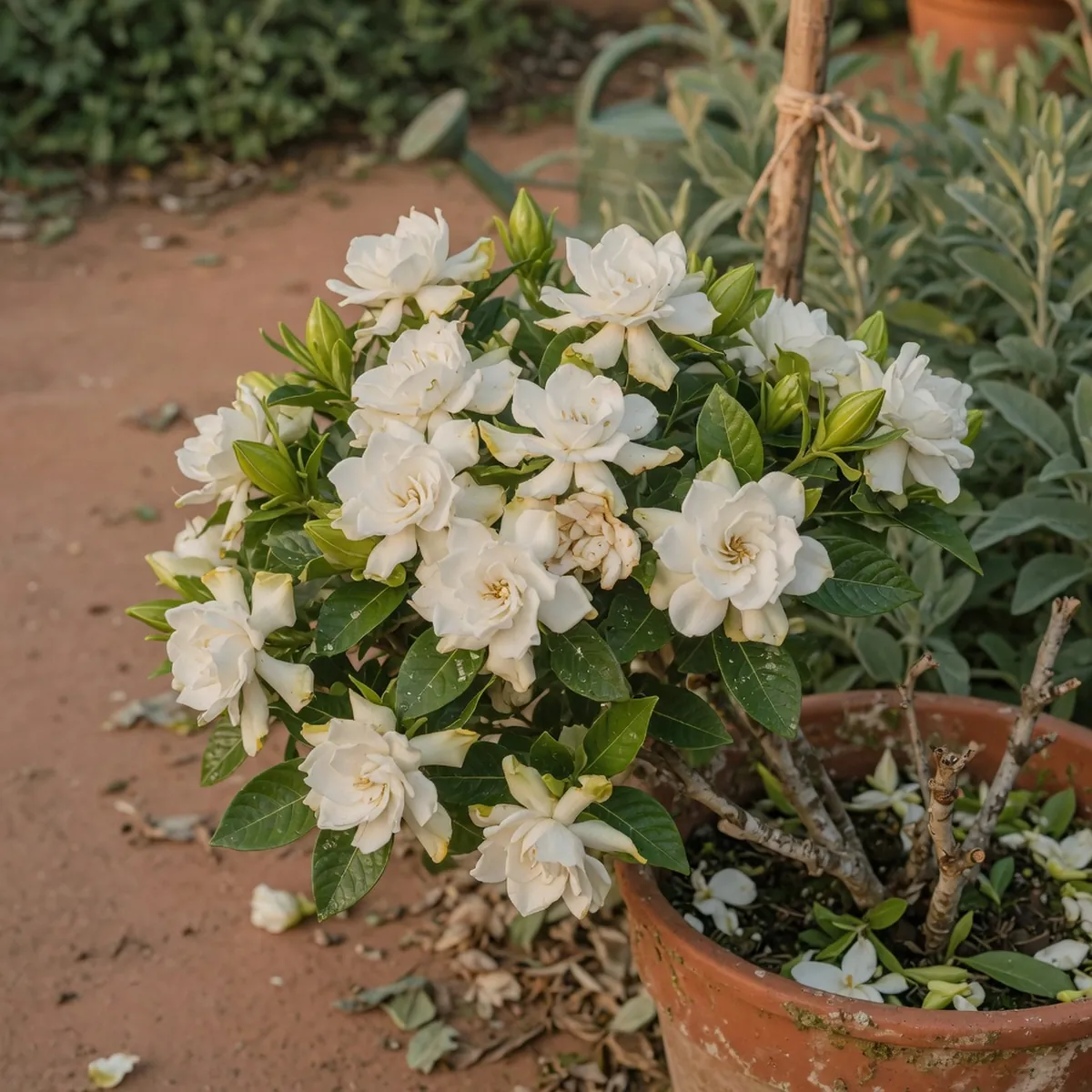 A close-up view of a double-flowered gardenia cultivar shows layered white petals and a compact shrub structure.
