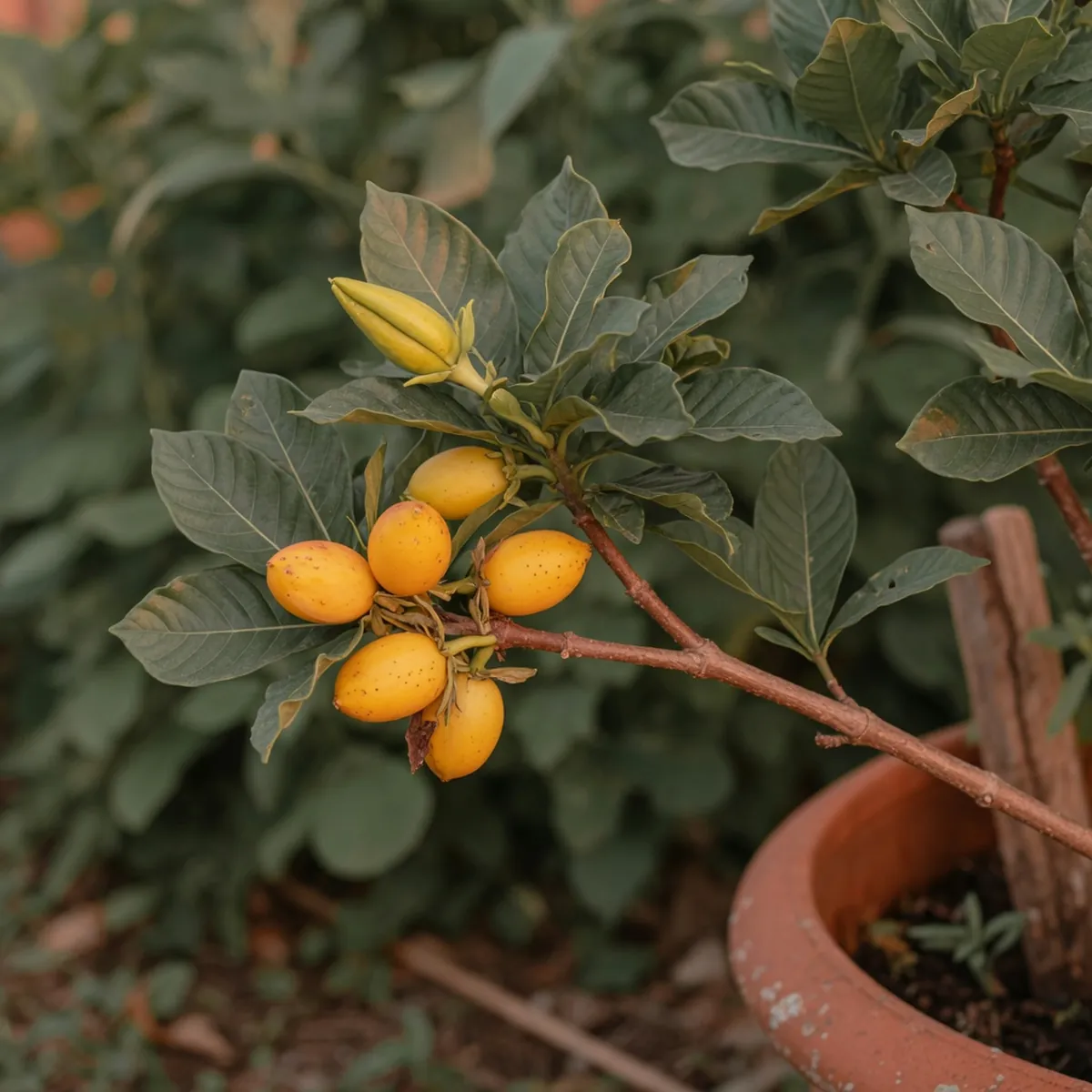 A cluster of small oval yellow gardenia fruits hangs from a leafy branch against a blurred green background.