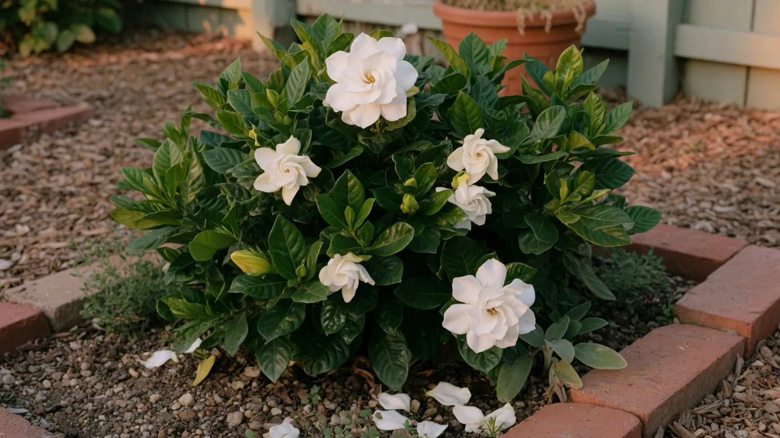 A healthy Frostproof gardenia shrub displays glossy dark green leaves and pristine white blossoms in a sunlit garden bed.