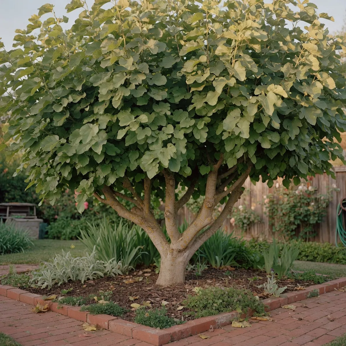 A full-grown fruitless mulberry tree stands in a garden with a broad, rounded canopy of green leaves.