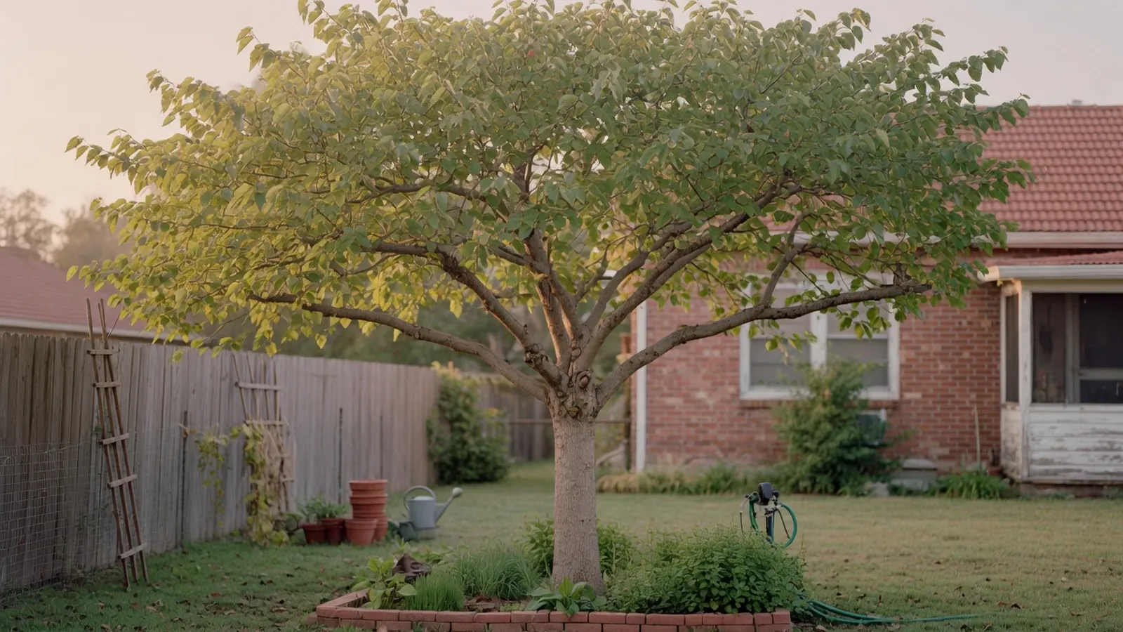 A tall fruitless mulberry tree with a spreading canopy stands prominently in a residential landscape.