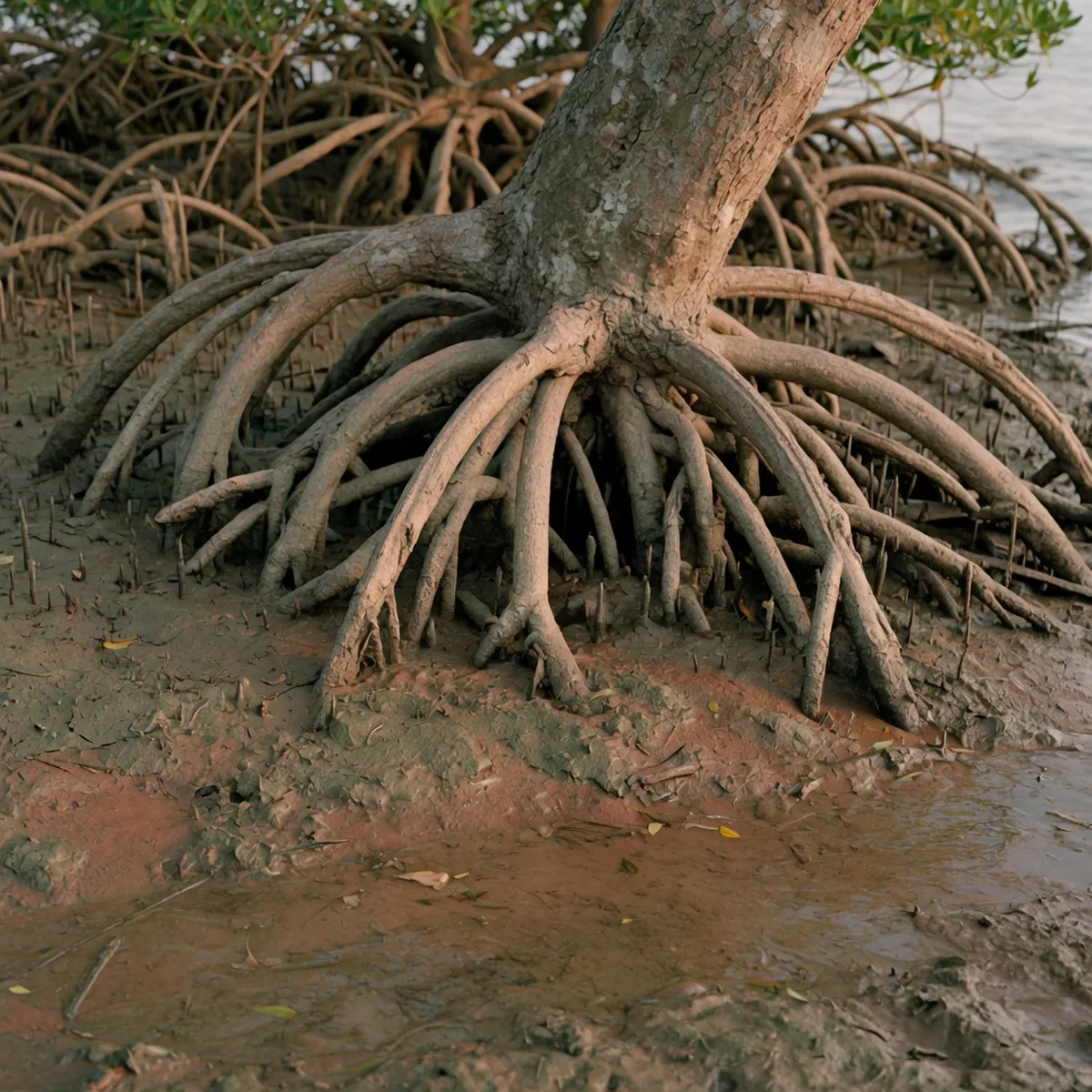 Thick woody prop roots descend from a mangrove trunk into shallow tidal water and coastal mud.